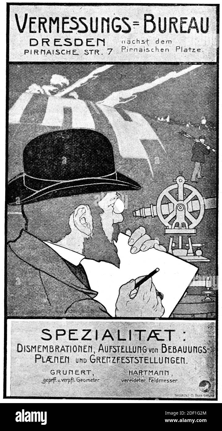 Poster pubblicitario dell'ufficio geodetico. Illustrazione del 19 ° secolo. Germania. Sfondo bianco. Foto Stock