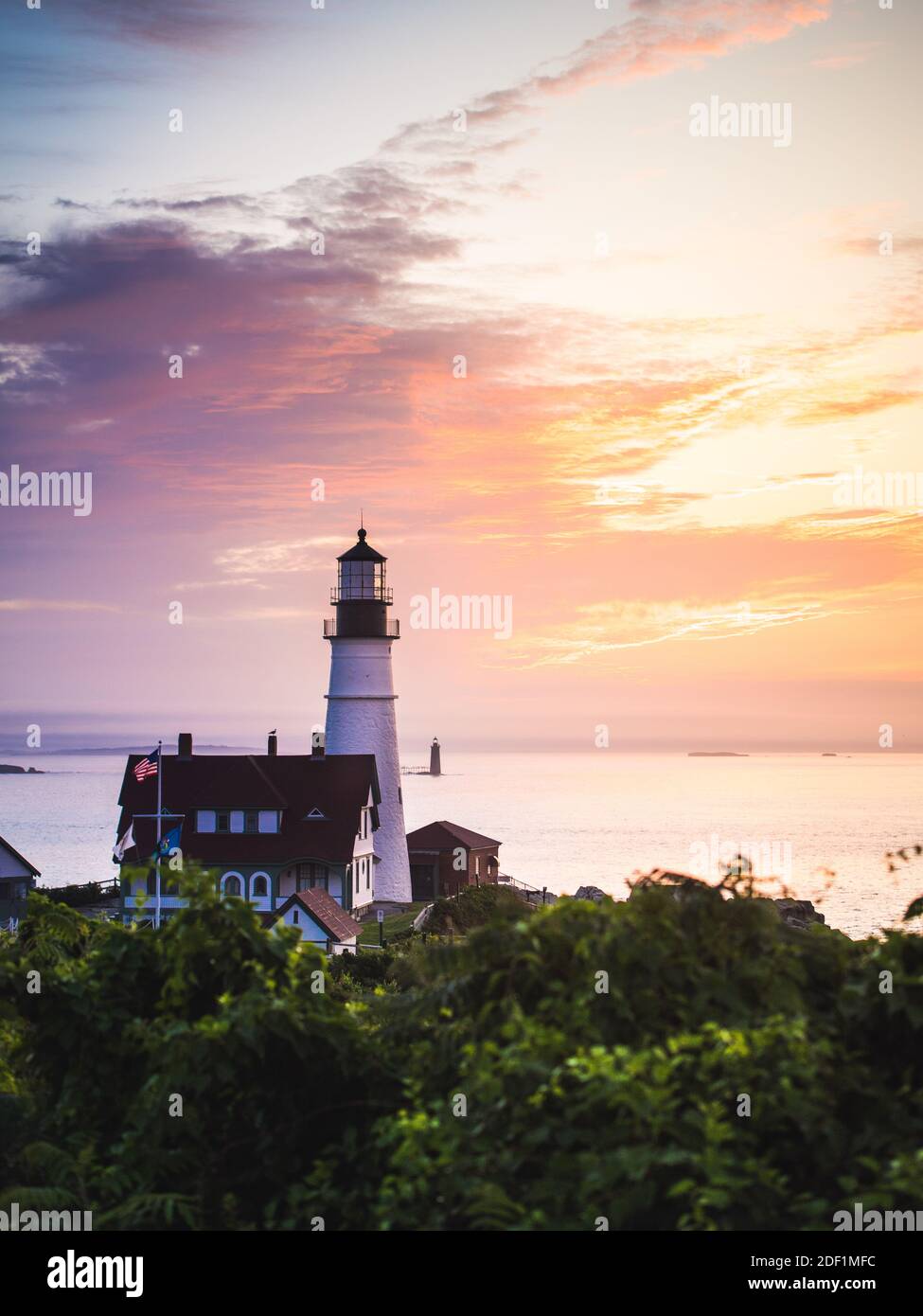 Alba al faro Portland Head Light a Cape Elizabeth, Maine Foto Stock