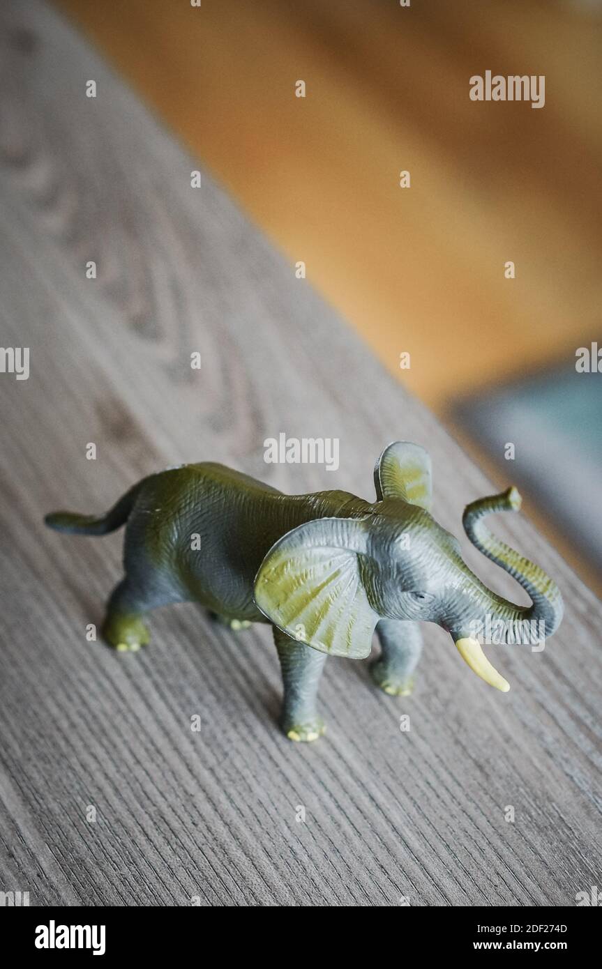 Un colpo verticale di una figurina di elefante su un legno superficie Foto Stock
