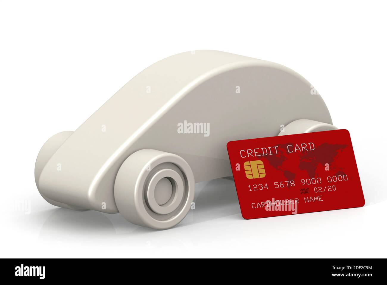 Carte di credito rosse e modello di auto, rendering 3d Foto Stock