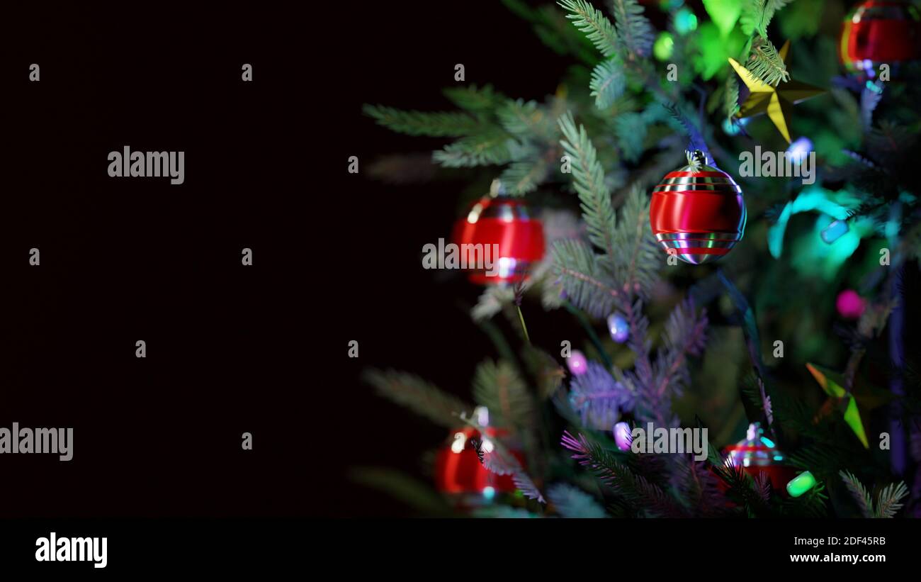 Baubles rosso su un albero di natale. Rendering 3D digitale. Foto Stock