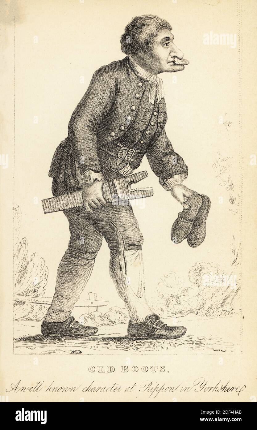 Old Boots, pulitore di scarpe di Ripon, Yorkshire, 1692-1762. Famoso per essere in grado di tenere una moneta tra il naso e il mento. In figura è illustrato il supporto di un martinetto a soffietto e dei pattini. Old Boots, un personaggio noto a Rippon nello Yorkshire. Litografia dopo un'incisione a stitple di Robert Cooper da Henry Wilson e James Caulfield's Book of Wonderful Characters, Memoirs and Aneddotes, di persone notevoli ed eccentrici in tutte le età e paesi, John Camden Hotten, Piccadilly, Londra, 1869. Foto Stock