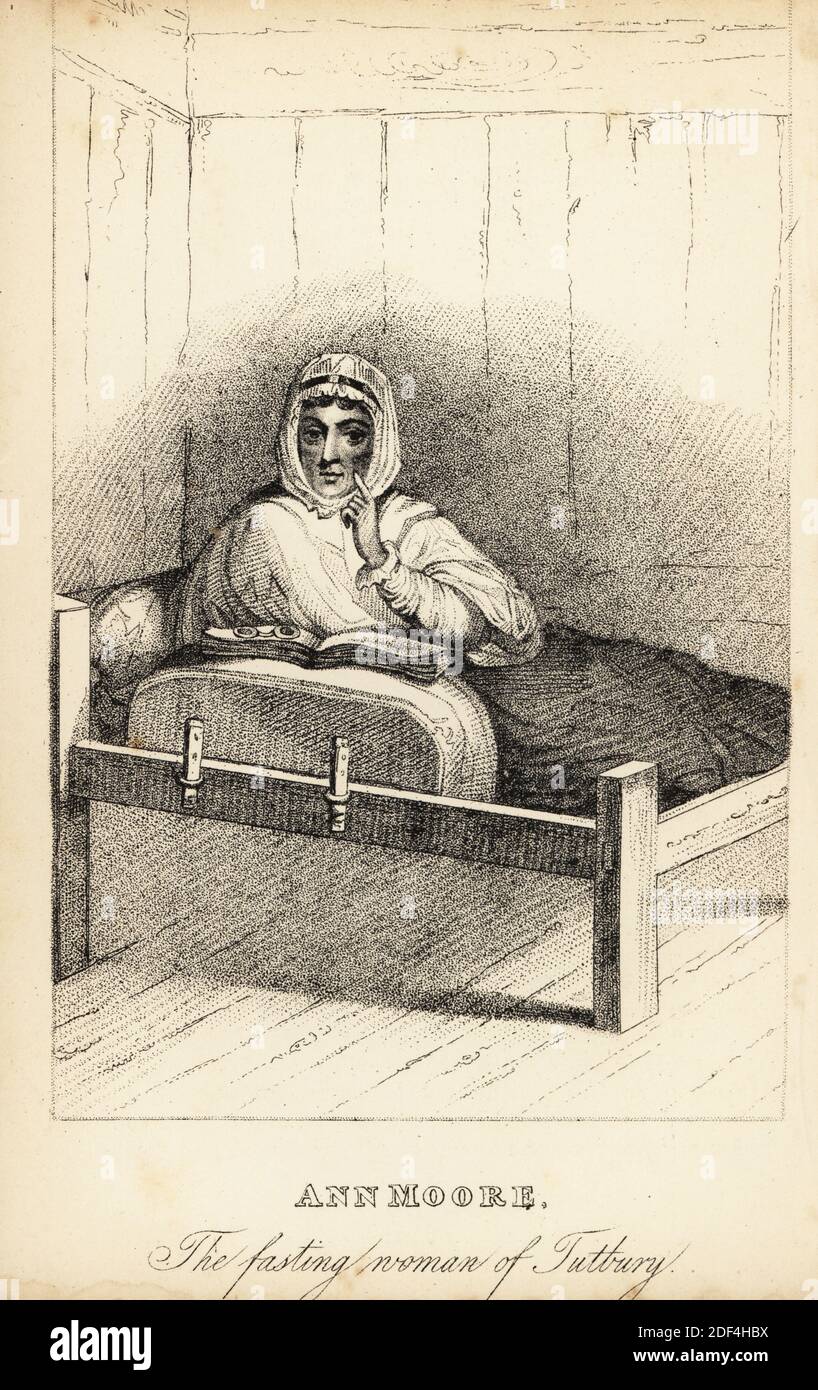 Ann Moore, la donna digiunante di Tutbury, nata nel 1761. È andato lungo digiuno per soldi da 1807, ma esposto come una frode in 1813. Più tardi, nel 1816, inviato in carcere per falsamente raccogliere denaro per beneficenza. Raffigurata nel suo letto a digiuno con la Bibbia e gli occhiali. Litografia dopo un'incisione a stitple di Robert Cooper da Henry Wilson e James Caulfield's Book of Wonderful Characters, Memoirs and Aneddotes, di persone notevoli ed eccentrici in tutte le età e paesi, John Camden Hotten, Piccadilly, Londra, 1869. Foto Stock Ann Moore, la donna digiunante di Tutbury, nata nel 1761. È andato lungo digiuno per soldi da 1807, ma esposto come una frode in 1813. Più tardi, nel 1816, inviato in carcere per falsamente raccogliere denaro per beneficenza. Raffigurata nel suo letto a digiuno con la Bibbia e gli occhiali. Litografia dopo un'incisione a stitple di Robert Cooper da Henry Wilson e James Caulfield's Book of Wonderful Characters, Memoirs and Aneddotes, di persone notevoli ed eccentrici in tutte le età e paesi, John Camden Hotten, Piccadilly, Londra, 1869. Foto Stock