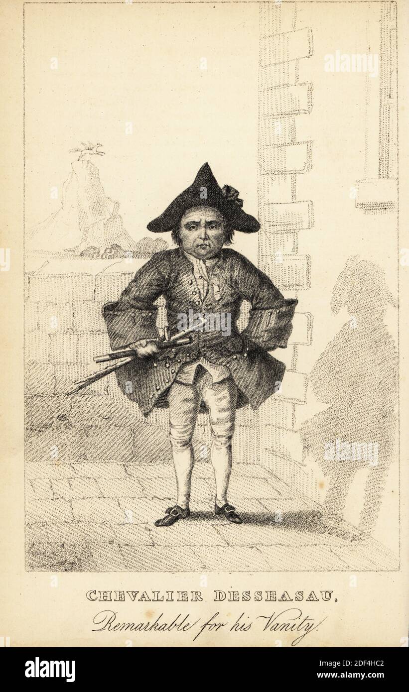 Chevalier Desseasau, notevole per la sua vanità, morì nel 1775. Vana nana prussiana che era una celebrità delle caffetterie di Londra come Old Anderton’s e The Barn, e in seguito prigione del debitore della flotta. Vestito nero come un buck del 18 ° secolo, con tricorno, scarpe con fibbia, due spade, canna e rotolo di poesia. Litografia dopo un'incisione a stitple di Robert Cooper da Henry Wilson e James Caulfield's Book of Wonderful Characters, Memoirs and Aneddotes, di persone notevoli ed eccentrici in tutte le età e paesi, John Camden Hotten, Piccadilly, Londra, 1869. Foto Stock