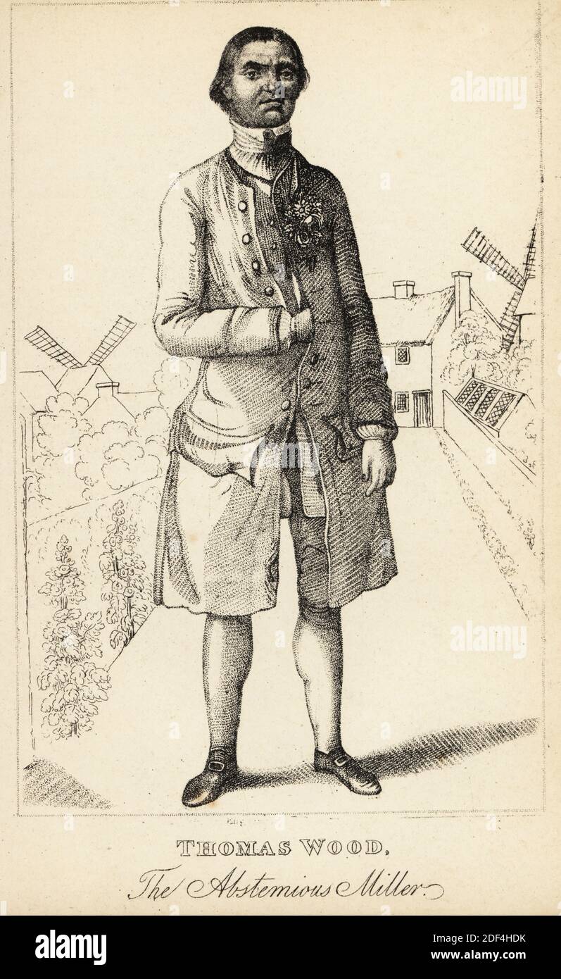 Thomas Wood, il mugnaio, 1719-1783. Il legno divenne morbilamente obeso negli anni quaranta da una dieta di birra e carne grassa, fino a quando gli fu consigliato un libro dietetico di Luigi Cornaro, nobile veneziano. Visse per decenni sull'acqua e su un budino di mare (hardtack). Litografia dopo un'incisione a stitple di Robert Cooper da Henry Wilson e James Caulfield's Book of Wonderful Characters, Memoirs and Aneddotes, di persone notevoli ed eccentrici in tutte le età e paesi, John Camden Hotten, Piccadilly, Londra, 1869. Foto Stock Thomas Wood, il mugnaio, 1719-1783. Il legno divenne morbilamente obeso negli anni quaranta da una dieta di birra e carne grassa, fino a quando gli fu consigliato un libro dietetico di Luigi Cornaro, nobile veneziano. Visse per decenni sull'acqua e su un budino di mare (hardtack). Litografia dopo un'incisione a stitple di Robert Cooper da Henry Wilson e James Caulfield's Book of Wonderful Characters, Memoirs and Aneddotes, di persone notevoli ed eccentrici in tutte le età e paesi, John Camden Hotten, Piccadilly, Londra, 1869. Foto Stock
