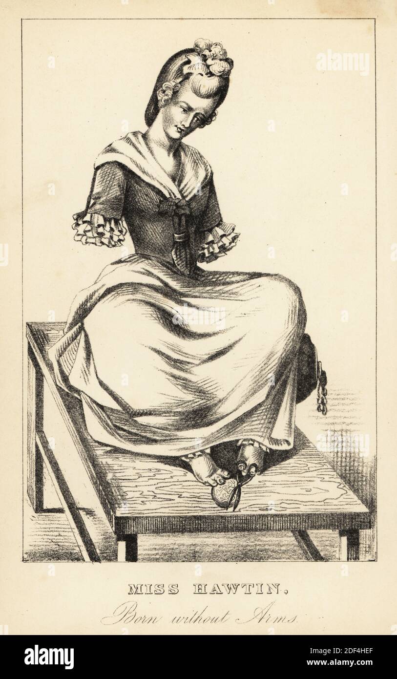 Miss Hawtin, nato senza armi, 18 ° secolo. Nata a Coventry, ha esposto la sua destrezza tagliando carte decorative da orologio con i suoi piedi in tutta l'Inghilterra. Da un ritratto pubblicato 1774. Litografia dopo un'incisione a stitple di Robert Cooper da Henry Wilson e James Caulfield's Book of Wonderful Characters, Memoirs and Aneddotes, di persone notevoli ed eccentrici in tutte le età e paesi, John Camden Hotten, Piccadilly, Londra, 1869. Foto Stock