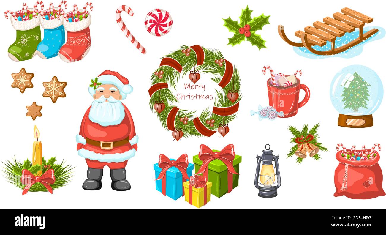 Natale e Capodanno. Elementi Santa per biglietti d'auguri, inviti, banner e volantini. Illustrazione Vettoriale