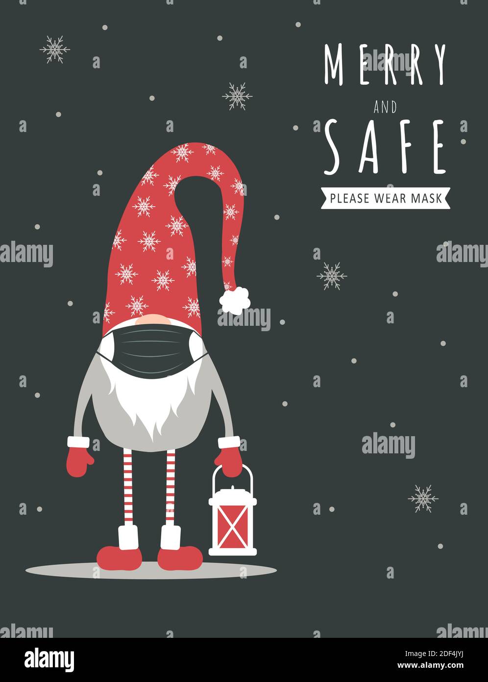 Pandemia di Natale. Gnome carino in maschera medica viso. Illustrazione Vettoriale