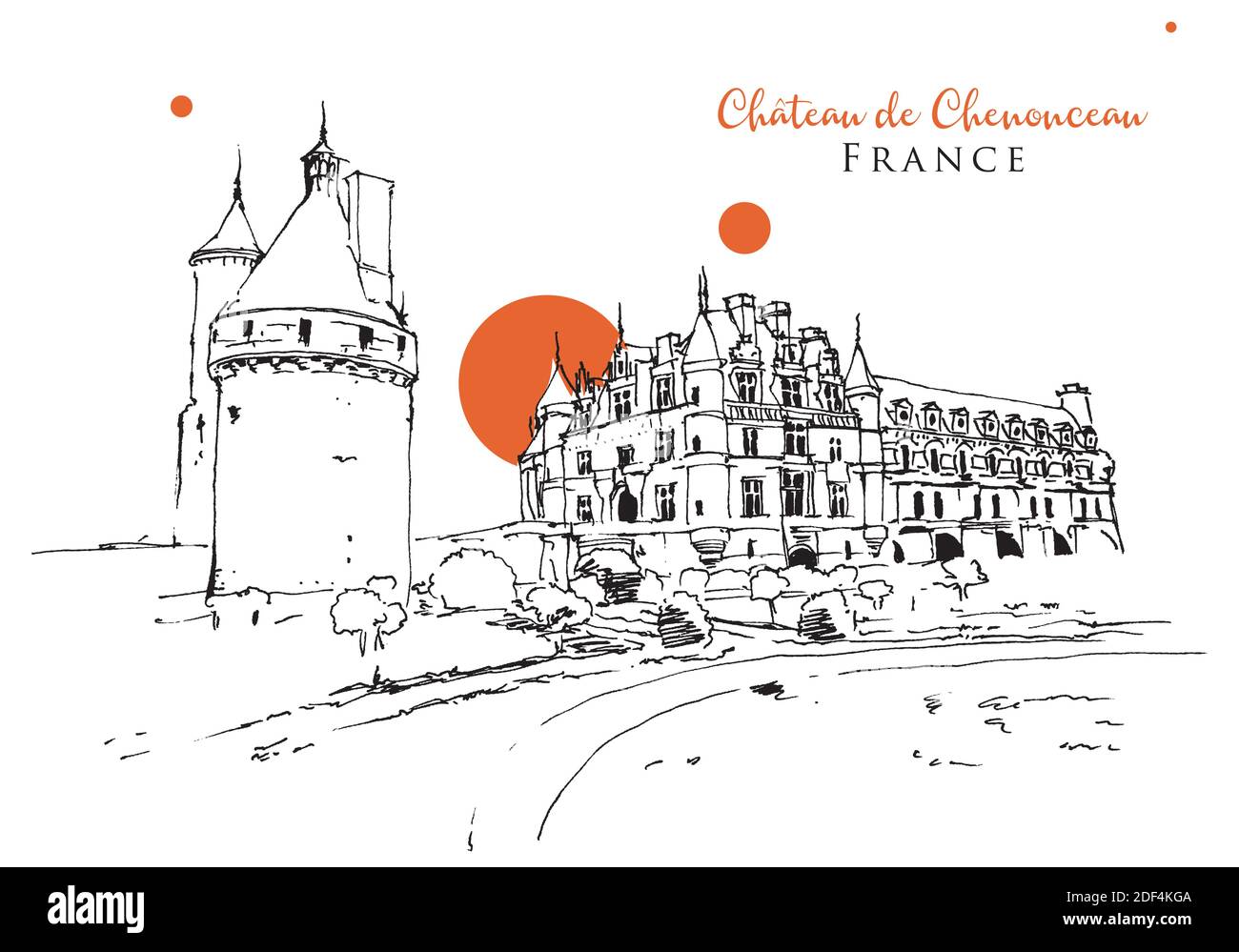 Disegno a mano vettoriale di Chateau de Chenonceau in Valle della Loira in Francia Illustrazione Vettoriale