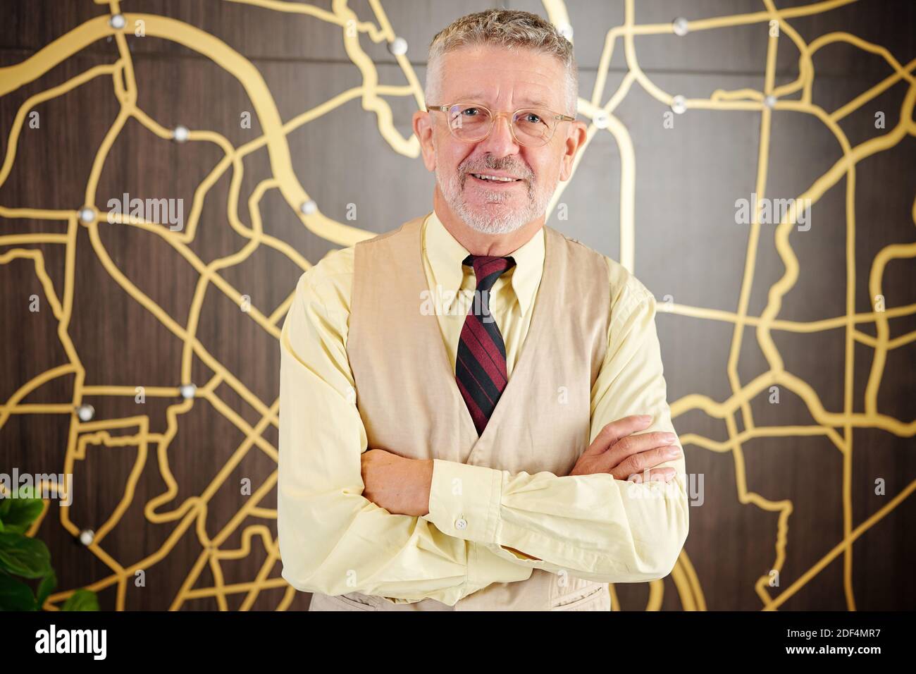 Ritratto di allegro imprenditore senior in occhiali pieghevoli e braccia sorridendo alla macchina fotografica Foto Stock
