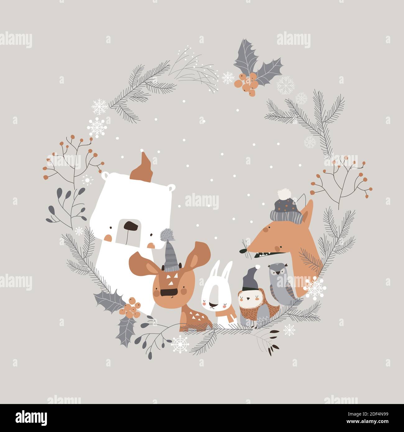 Carino animali cartone animato riunione vacanza in inverno corona Illustrazione Vettoriale