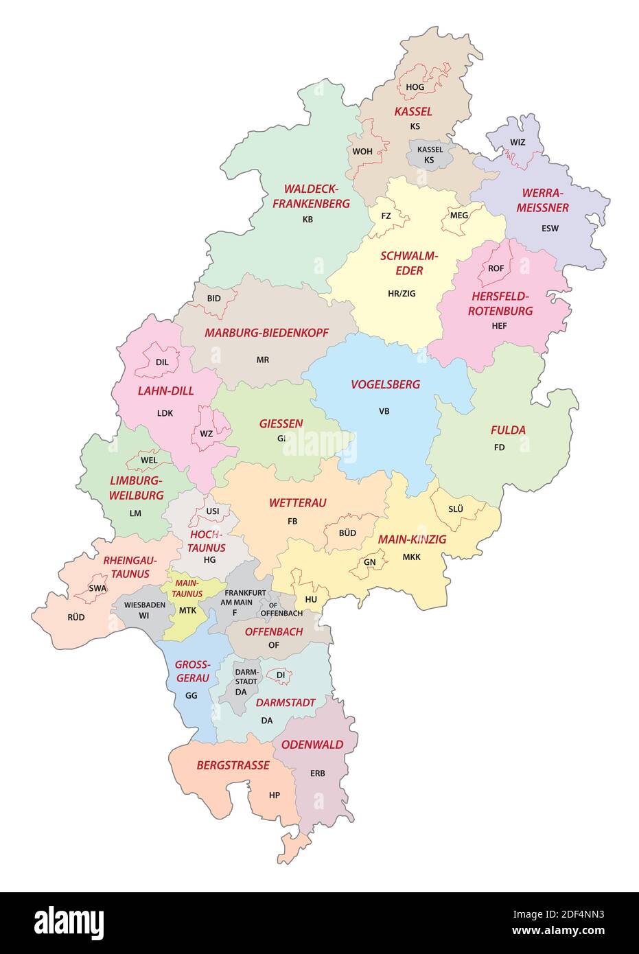 Mappa vettoriale del distretto hessiano con targhe di immatricolazione dei veicoli, Germania Illustrazione Vettoriale