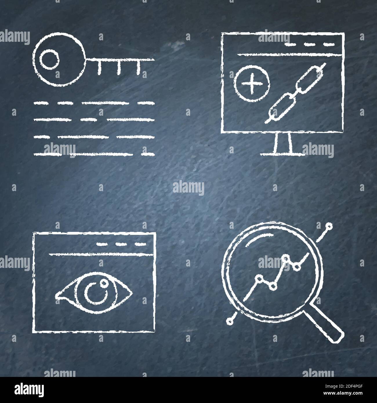 Icona SEO lavagna impostata in stile linea. Link building, chiave digitale, visibilità web, simboli di monitoraggio dei processi su lavagna. Illustrazione vettoriale. Illustrazione Vettoriale