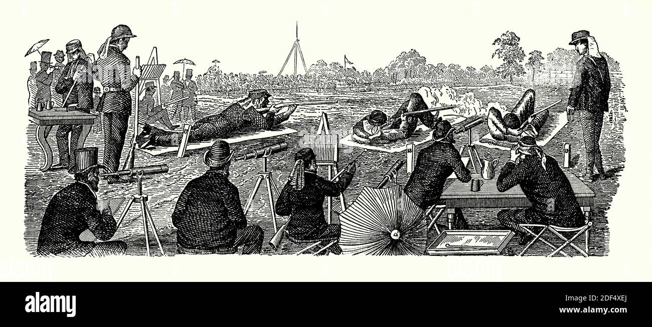 Una vecchia incisione di una partita di tiro a fucile tra una squadra americana e l'Irlanda nel 1874 a Creedmoor Rifle Range, presso (oggi) Queens Village, Long Island, New York, USA. E 'da un libro di ingegneria meccanica vittoriana del 1880. La gamma è stata fondata nel 1872, quando la New York Legislature e la National Rifle Association (NRA) si sono unite per acquisire 70 acri di terreno per fucili a lunga distanza e gare. La squadra irlandese di fucile (campioni britannici) ha sfidato l'NRA a una partita di tiro al fucile a Creedmoor nel 1874. Il locale ‘Club delle Rifle dilettanti’ ha accettato la sfida e ha vinto. Foto Stock