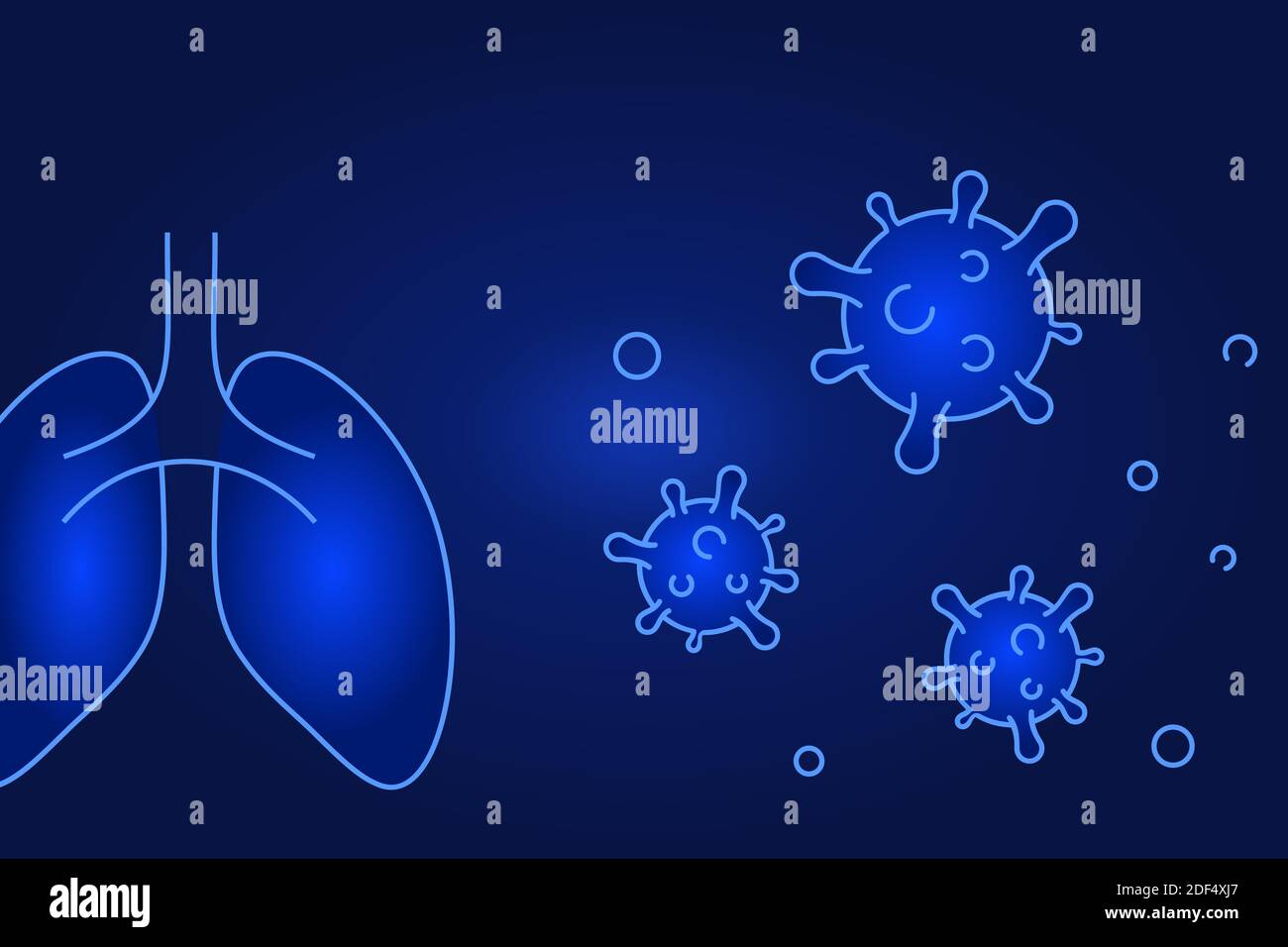 Illustrazione dei polmoni e del coronavirus. COVID-19 concetto di poster. Virus attacchi sistema respiratorio.sfondo gradiente blu. Immunità del gregge. Polmonite. Illustrazione Vettoriale