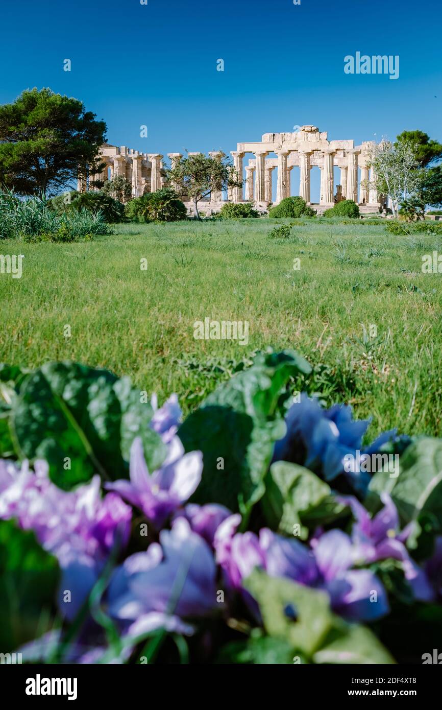 Templi greci a Selinunte, vista sul mare e rovine di colonne greche nel Parco Archeologico di Selinunte Sicilia Italia Foto Stock