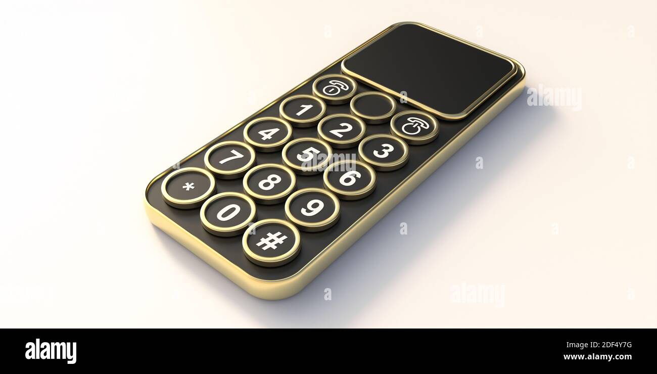 Telefono cellulare stile steampunk. Smartphone retrò futuristico con bottoni neri rotondi e dettagli in metallo in ottone dorato isolati su sfondo bianco, dall'alto Foto Stock
