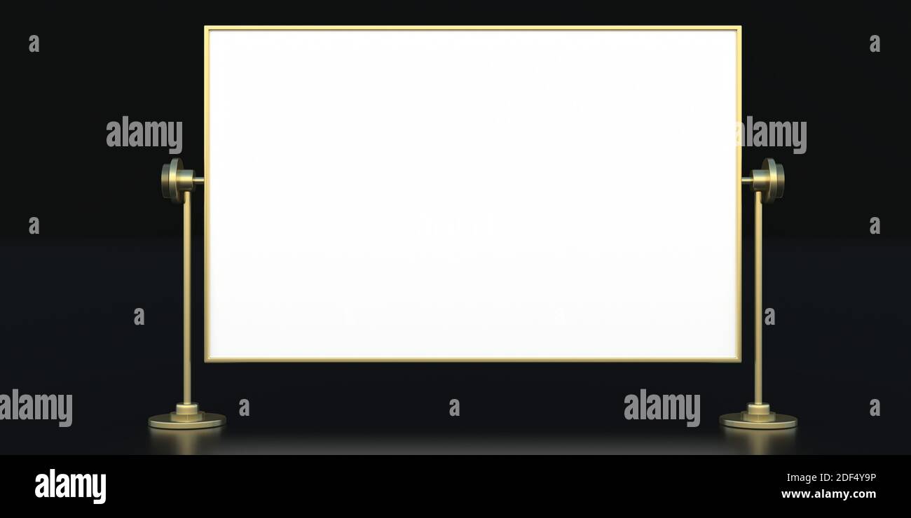 Schermo del computer vuoto Steampunk stile. Futurismo retro monitor bianco vuoto con dettagli dorati su sfondo nero, vista frontale. Spazio di copia, templa Foto Stock