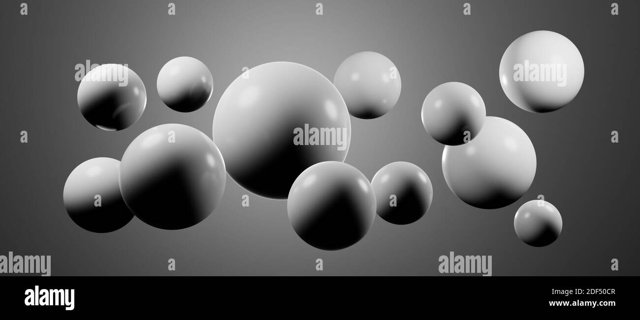 Sfere rotonde, globi o palline fluttuanti astratte, rappresentazione grafica di cgi, rappresentazione di sfondo di sfondo, illuminazione colorata, bianco, lucido Foto Stock