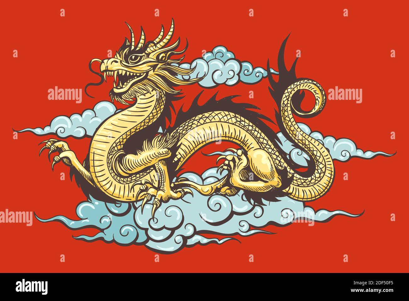 Tradizionale Golden Chinese Dragon in the Sky su sfondo rosso. Illustrazione vettoriale. Illustrazione Vettoriale