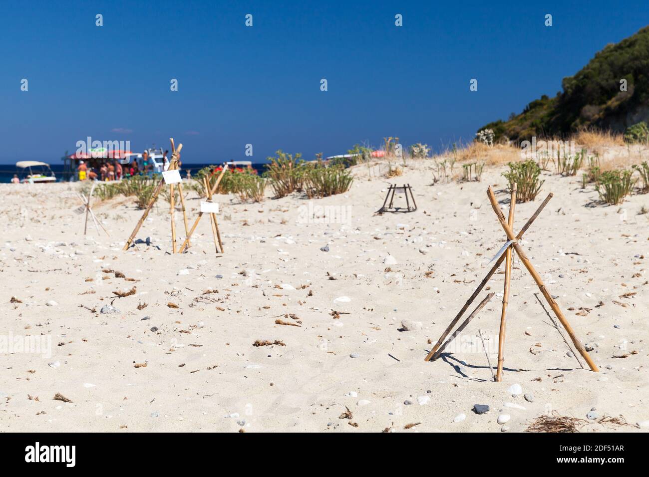 Strutture protettive nella sabbia dei siti di nidificazione per la posa delle uova tartarughe Foto Stock