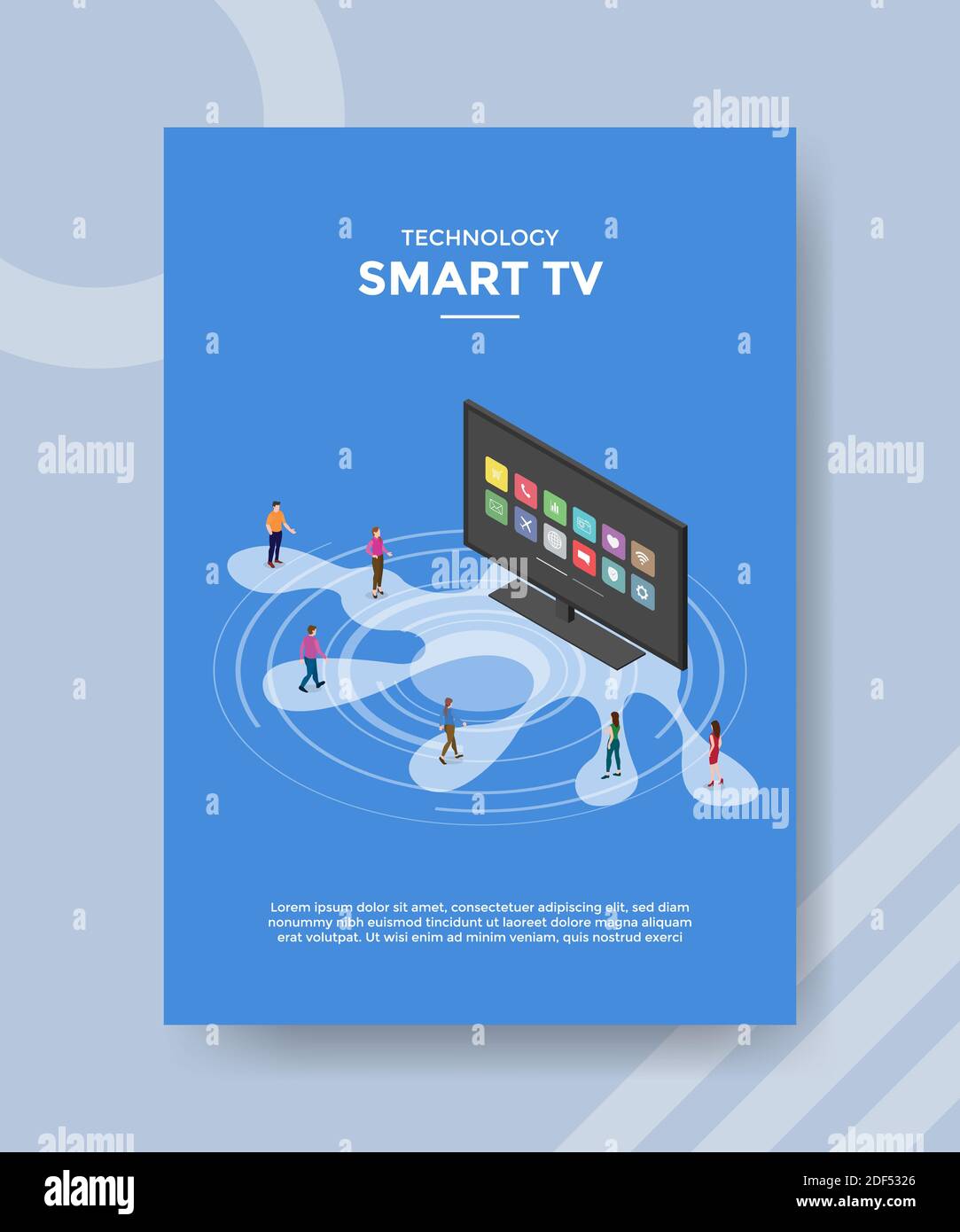 tecnologia smart tv persone in piedi davanti alla televisione per modello volantino e stampa la copertina dello striscione disegno vettoriale piatto 3d isometrico illustrazione Foto Stock