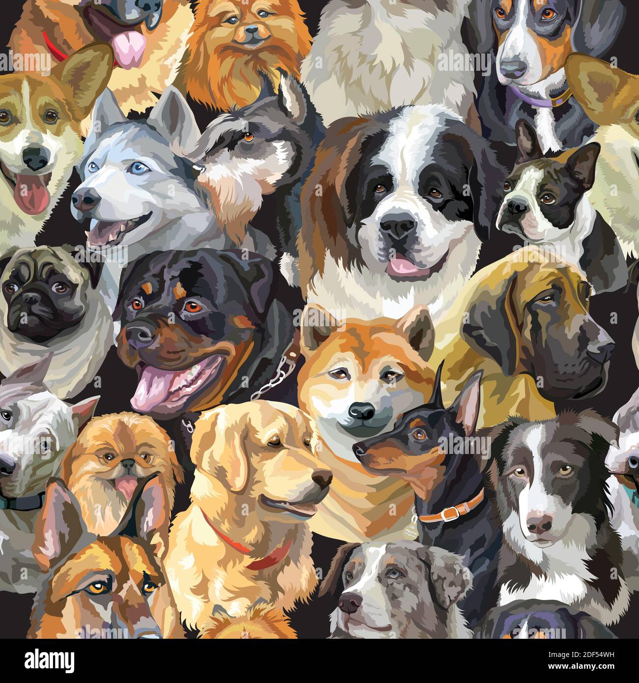 Vettore semless pattern con cani realistici razze ritratti. Sfondo colorato con teste di cani per la creazione di tessuti, carta da parati, carta, invi matrimonio Illustrazione Vettoriale