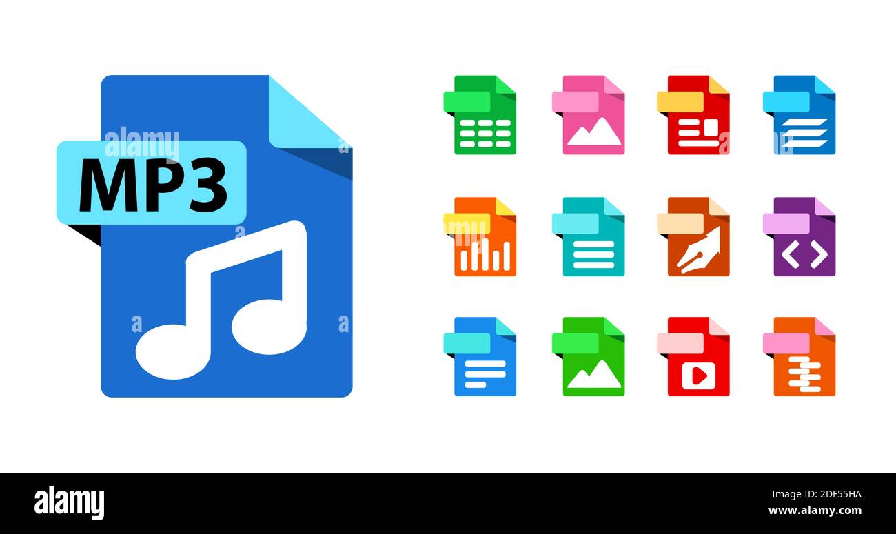 Grande raccolta di icone vettoriali. Icone delle estensioni del formato file. MP3 e modelli a colori per qualsiasi formato. design piatto. Illustrazione Vettoriale
