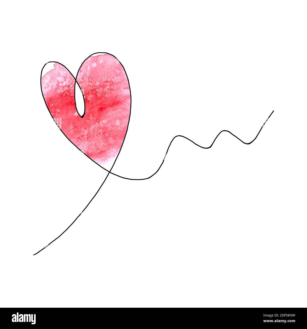 Cuore disegnato a mano con contorno nero e macchia rossa acquerello isolato su sfondo bianco. Linea continua sotto forma di cuore. Disegno a una linea. Templat Foto Stock