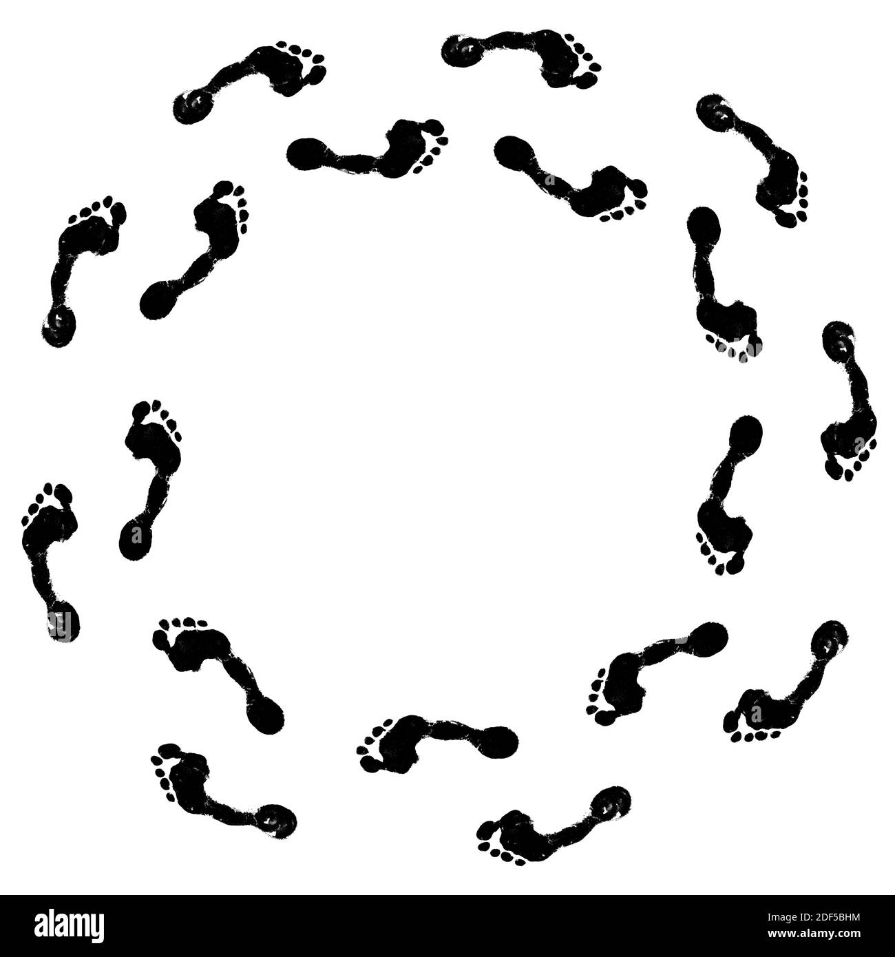 Le impronte nere umane vanno in cerchi modo bianco sfondo isolato, piedi nudi persona stampe camminare intorno a cerchi modello, percorso a piedi, passo Foto Stock