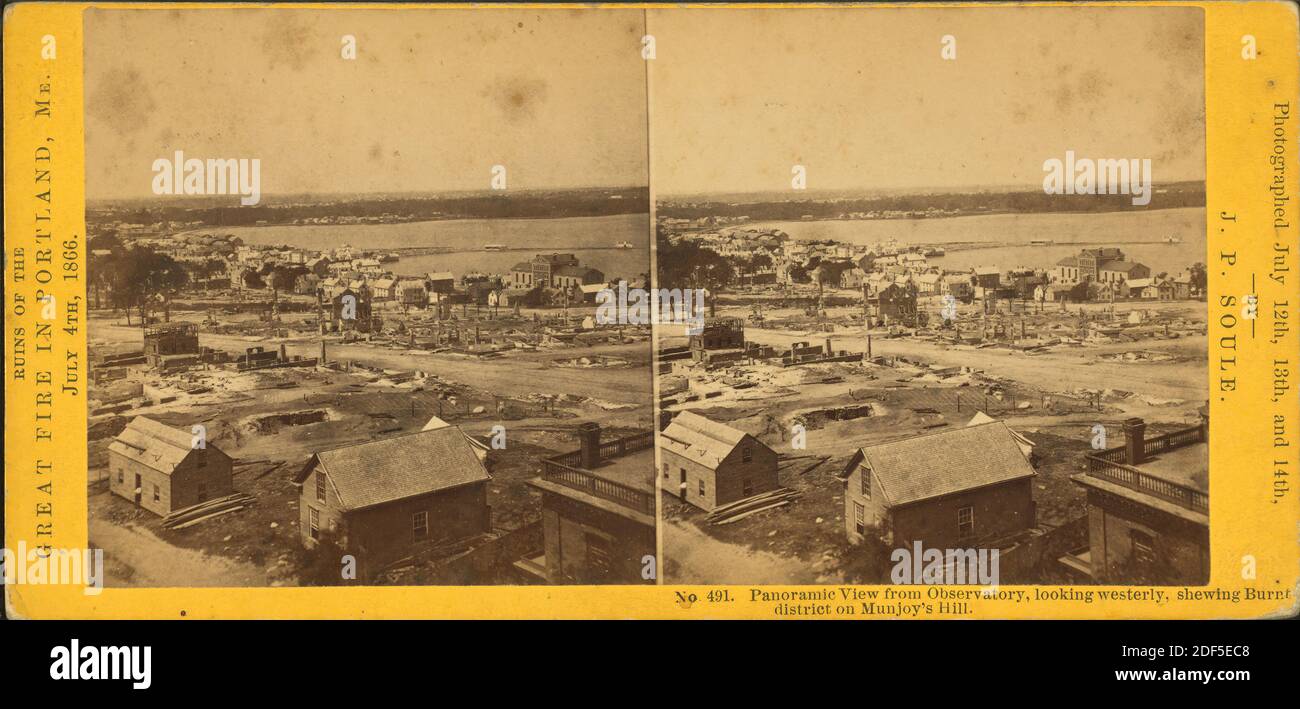 Vista panoramica dall'osservatorio, guardando verso ovest, che mostra scriccio bruciato sulla collina di Munjoy., immagine fissa, Stereographs, 1866, Soule, John P. (1827-1904 Foto Stock