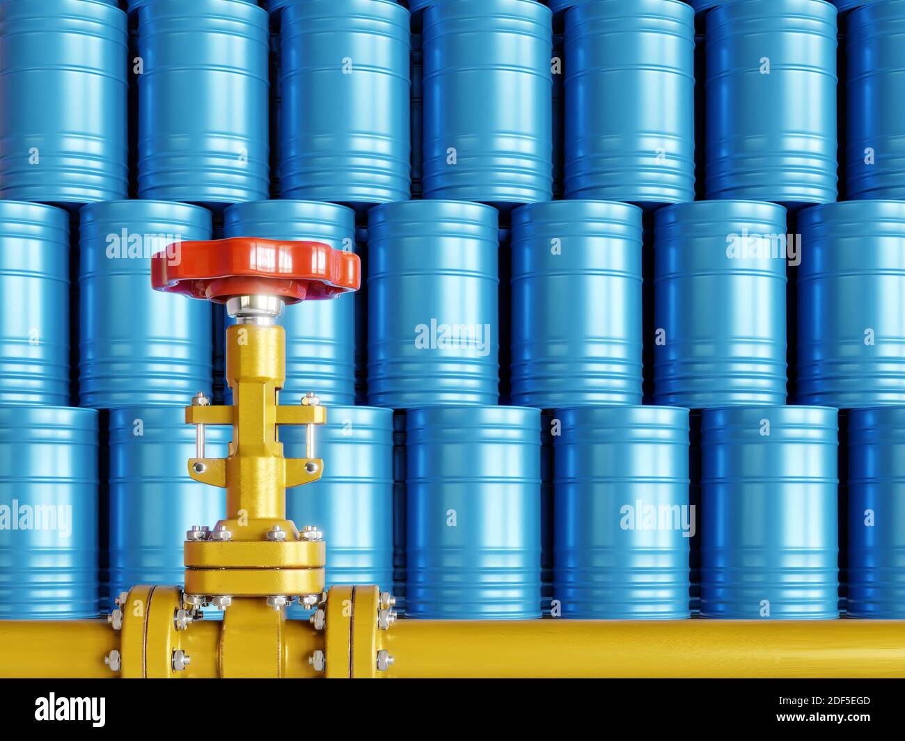 Rendering 3D di oleodotti gialli con barili di olio impilati sullo sfondo Foto Stock