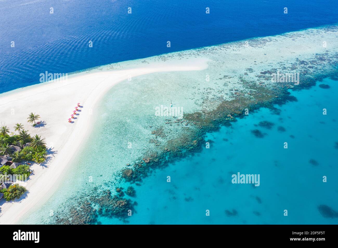 Incredibile paesaggio aereo nelle isole Maldive. Vista perfetta del mare blu e della barriera corallina dal drone o dall'aereo. Esotico viaggio estivo e paesaggio di vacanza Foto Stock