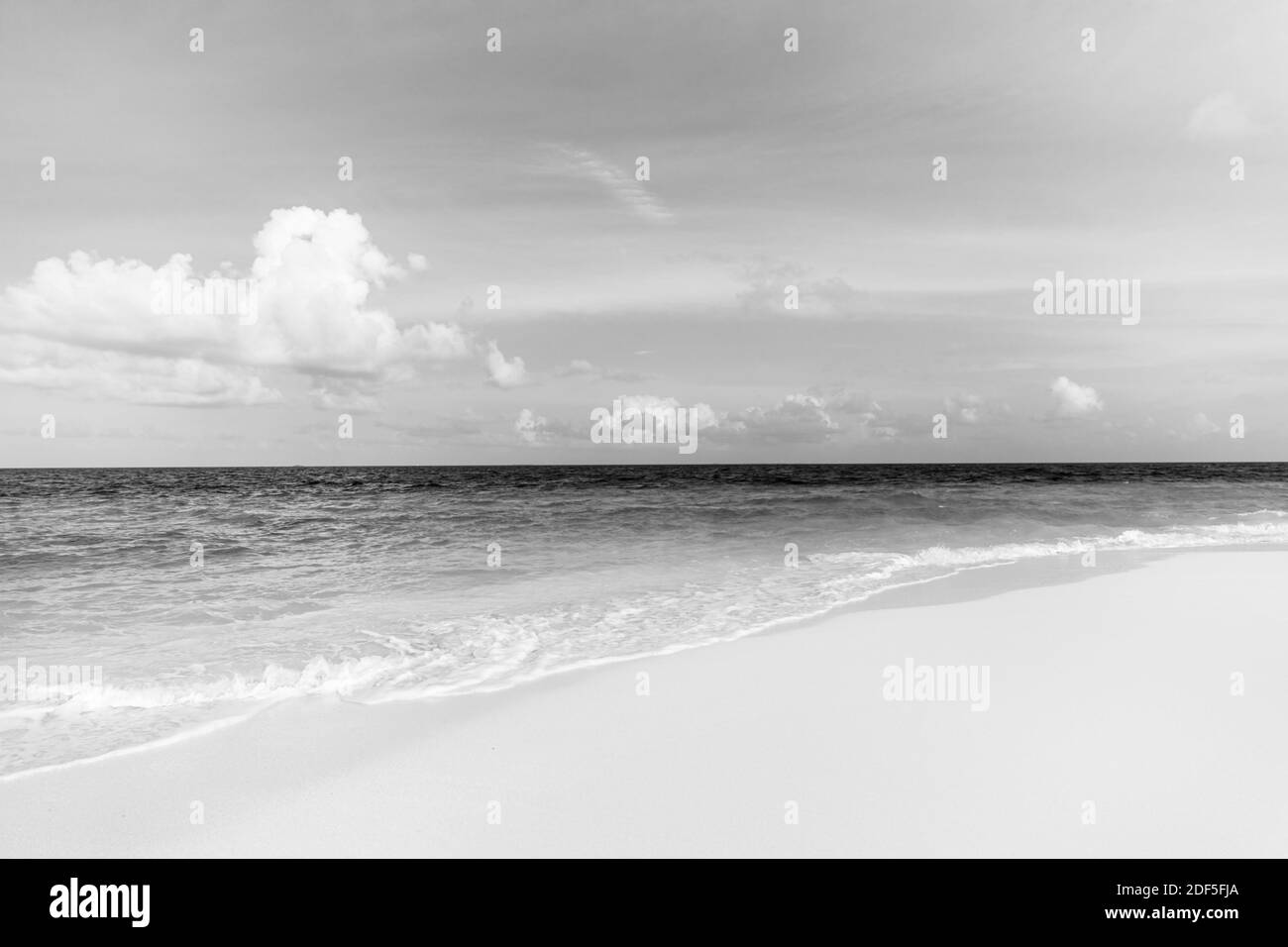 Paesaggio bianco e nero sabbia onde spiaggia cielo estivo. Paesaggio panoramico della spiaggia. Spiaggia tropicale mare. Rilassanti vibrazioni estive ispirano un umore positivo Foto Stock