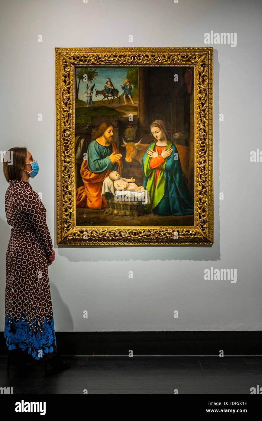 Londra, Regno Unito. 3 dicembre 2020. BERNARDINO LUINI, la Natività, con il viaggio in Egitto, (stima £3,000,000-5,000,000) parte della vendita serale di Old Masters, 15 dicembre 18.00 - un'anteprima della settimana classica di Christie che include 10 vendite la prossima settimana. Credit: Guy Bell/Alamy Live News Foto Stock