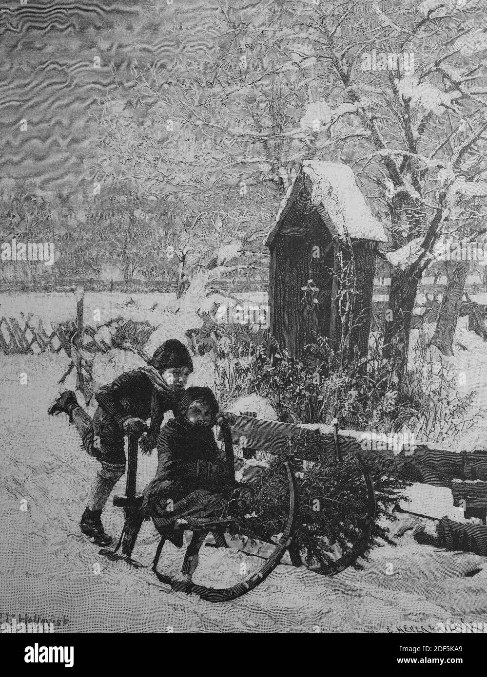 Prima di Natale, due ragazzi trasportano un albero di Natale rubato su una slitta / Vor Weihnachten, zwei Buben transportieren auf einem Schlitten einen gestohlenen Weihnachtsbaum, Historisch, storica, digitale riproduzione migliorata di un originale del 19 ° secolo / digitale Reproduktion einer Originaldem vorlage 19. Jahrhundert Foto Stock