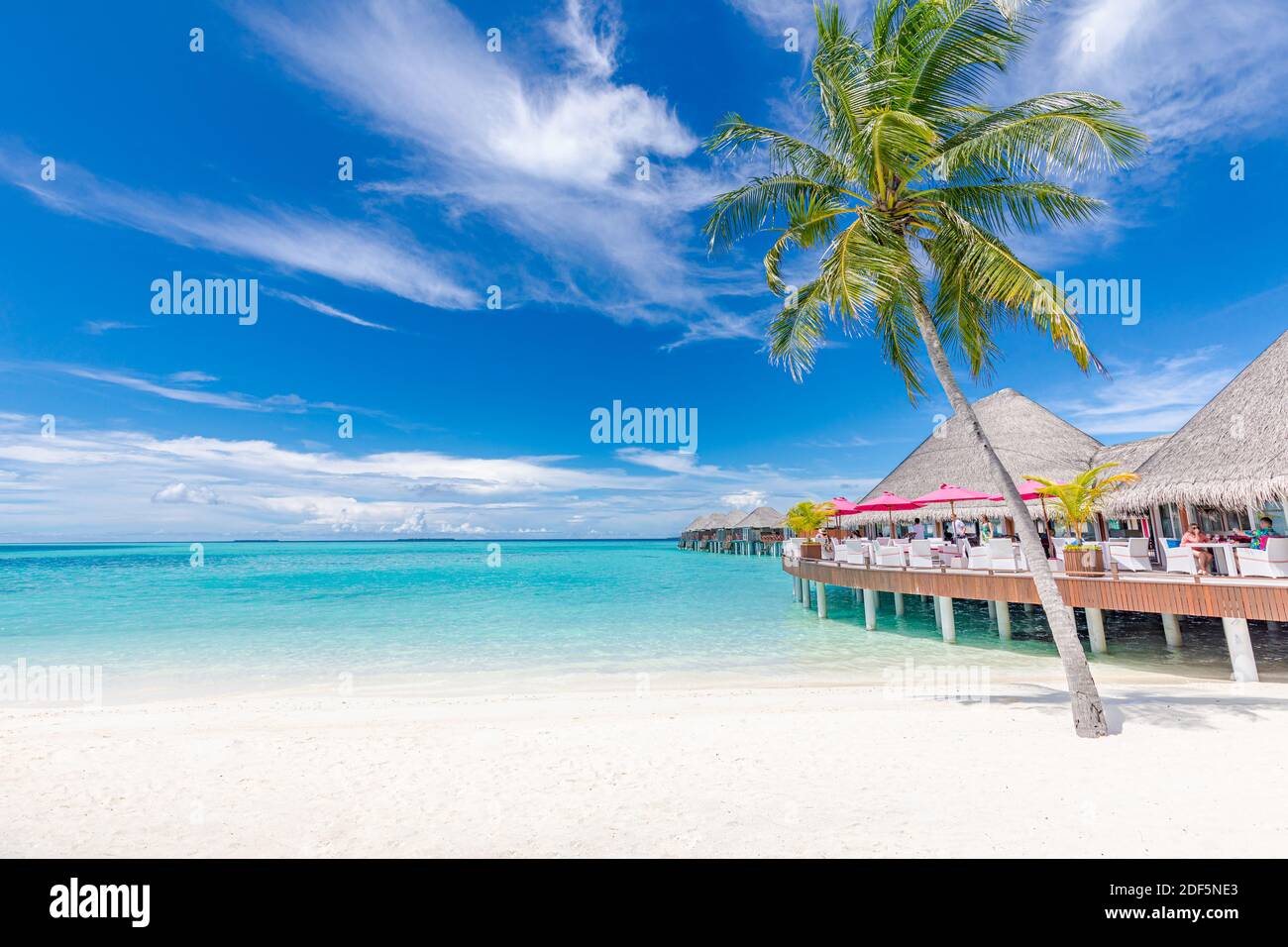 Perfetto Maldive spiaggia paesaggio palme e villa di lusso e sopra l'acqua bungalow, mare. Destinazione tropicale vacanza, incredibile sfondo di viaggio Foto Stock