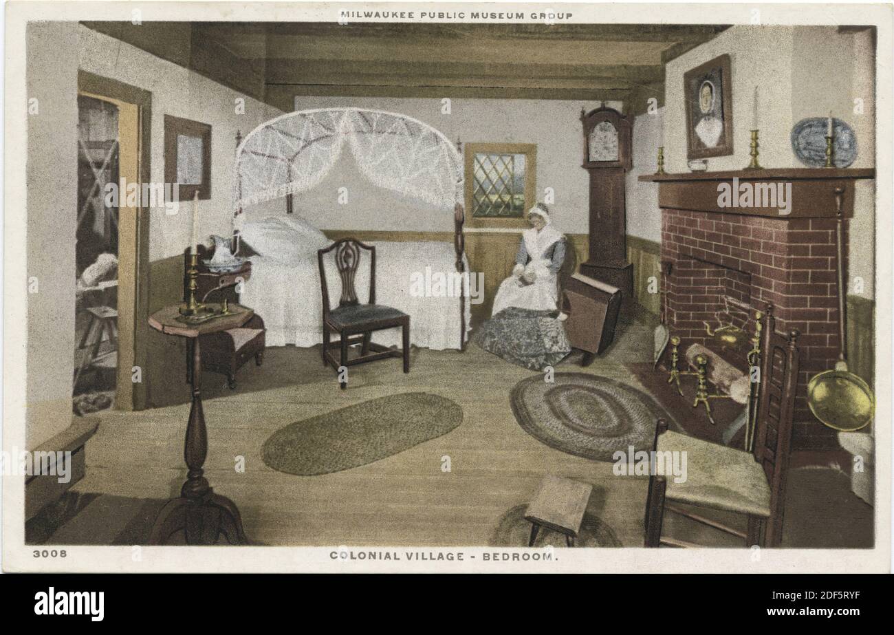 Colonial Village - Camera da letto, Milwaukee Public Museum Group, Milwaukee, Wisc., Still Image, Cartoline, 1898 - 1931 Foto Stock