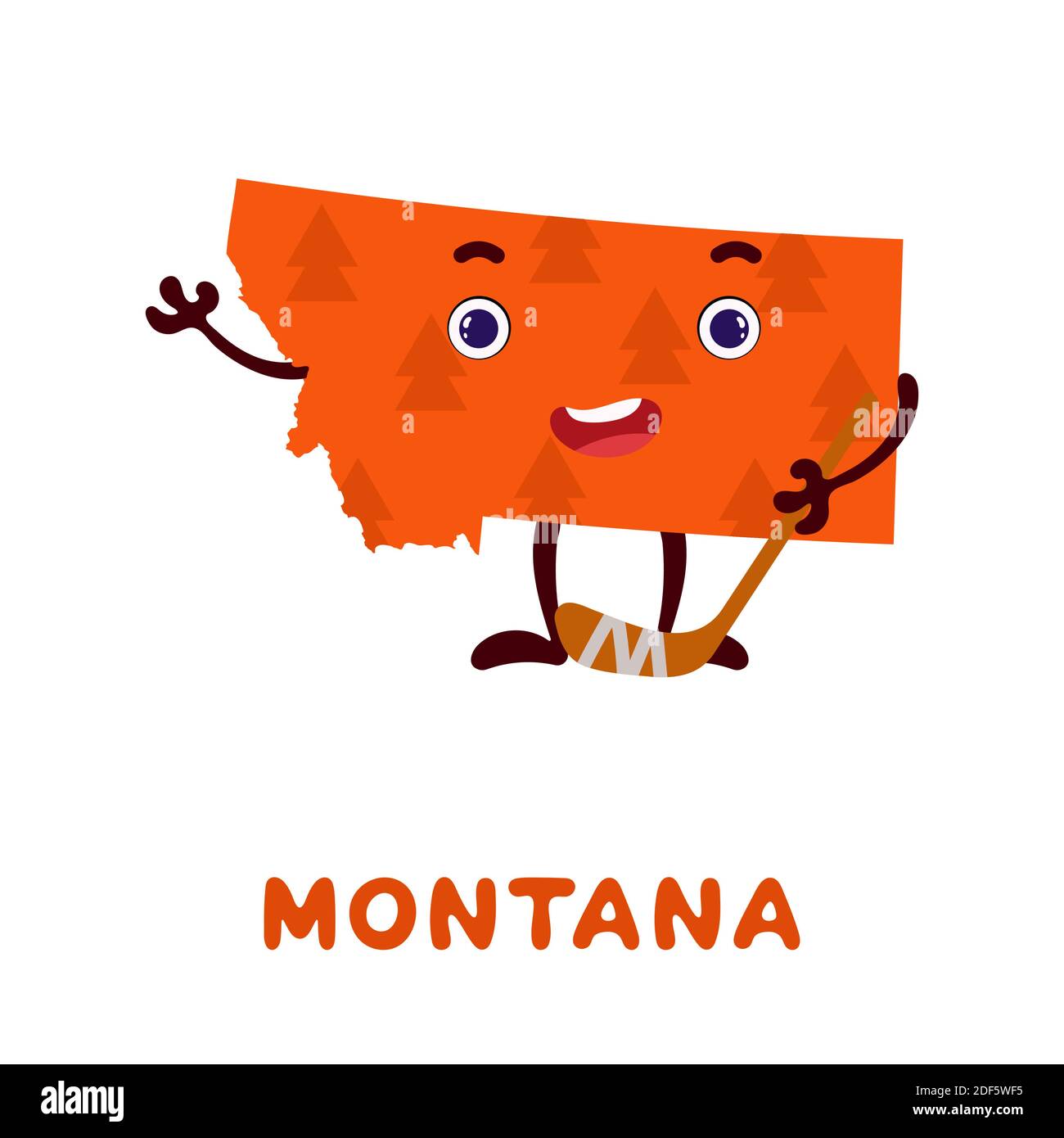 Carino fumetto Montana stato personaggio clipart. Mappa illustrata dello stato del Montana degli Stati Uniti con il nome dello stato. Divertente disegno di carattere per i giochi per bambini, Illustrazione Vettoriale