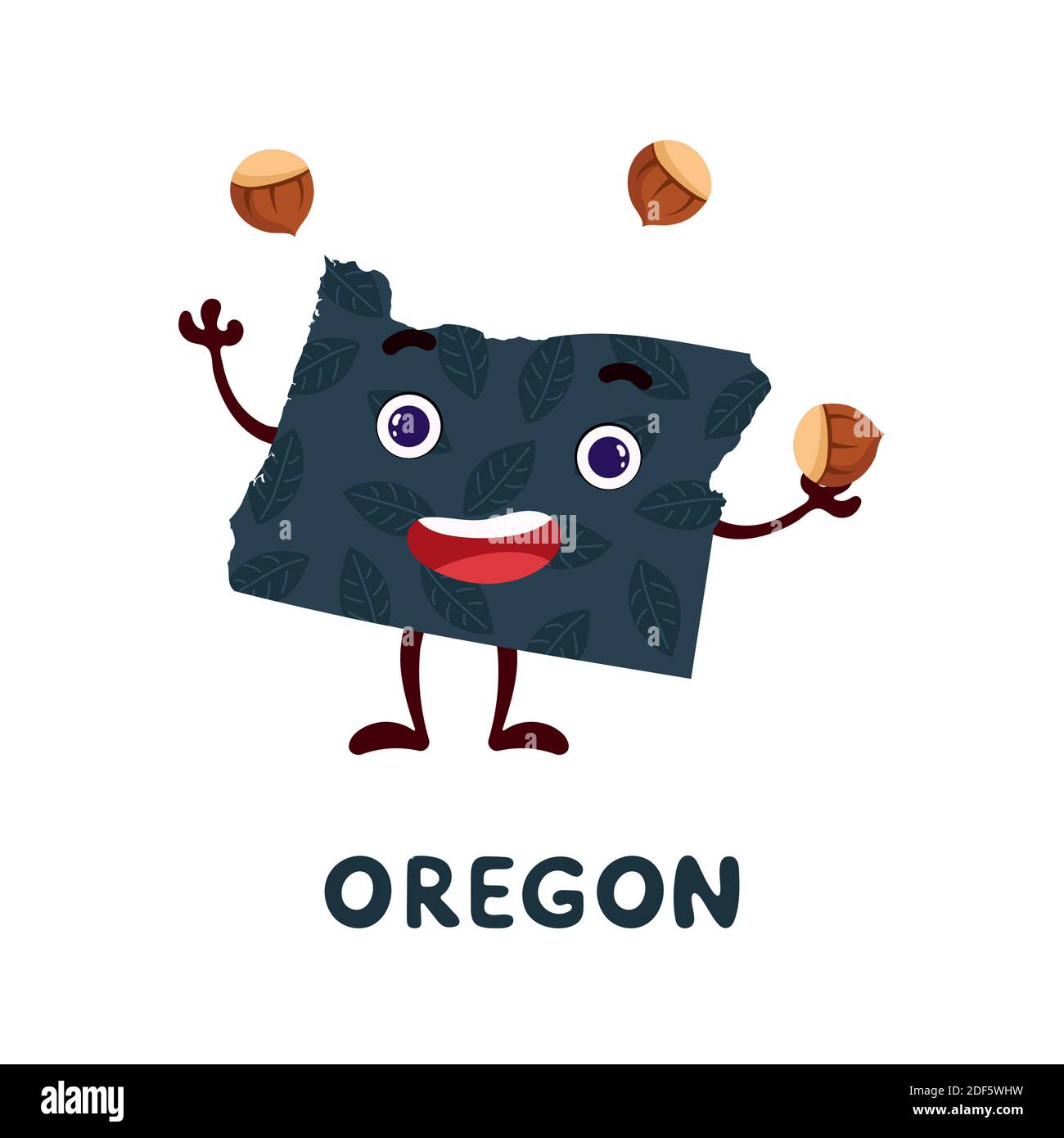 Carino cartoon Oregon stato carattere clipart. Mappa illustrata dello stato dell'Oregon degli Stati Uniti con il nome dello stato. Divertente personaggio design per i bambini gioco, adesivo, Illustrazione Vettoriale