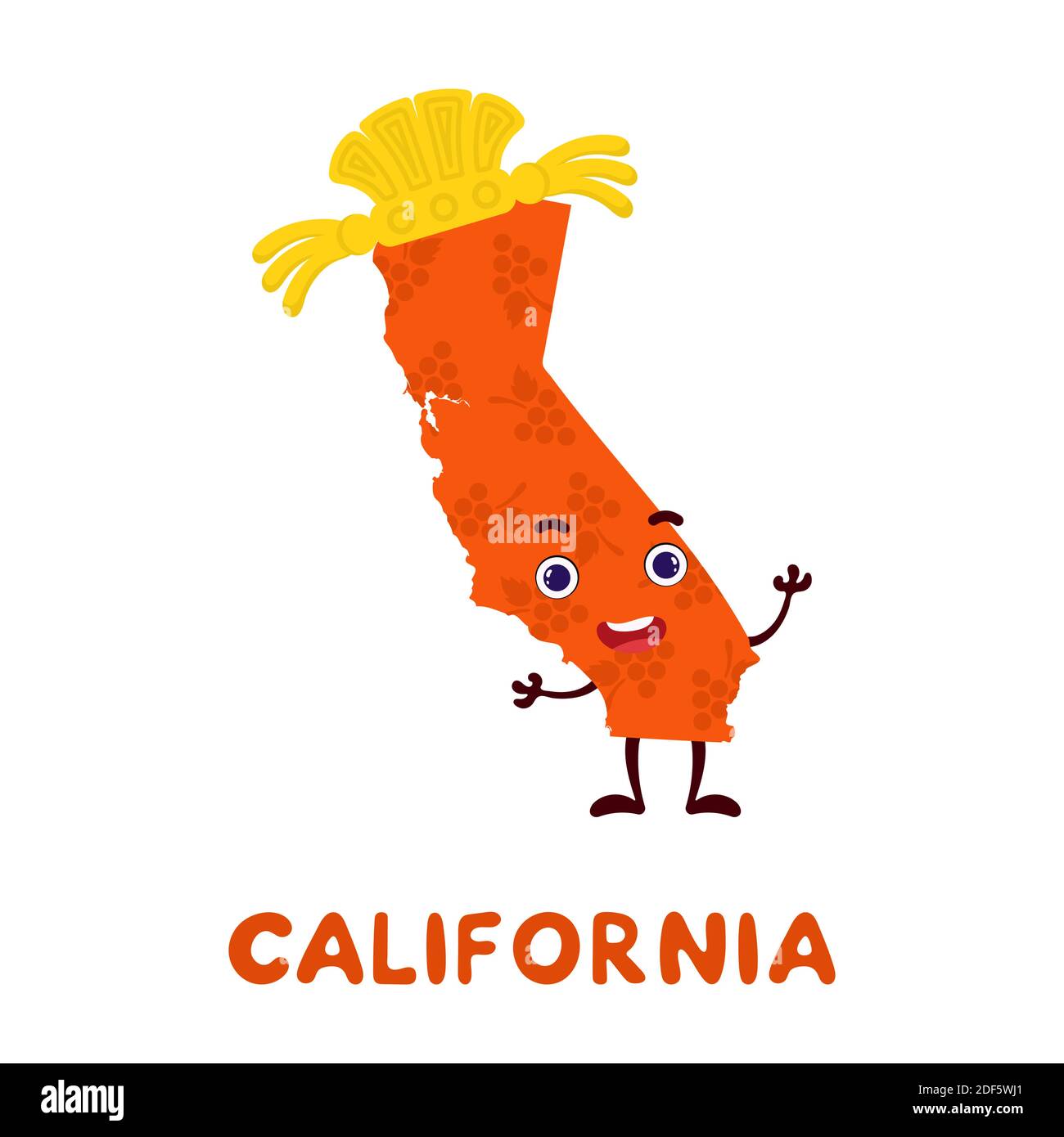 Carino cartoon California stato carattere clipart. Mappa illustrata dello stato della California degli Stati Uniti con il nome dello stato. Divertente disegno di carattere per i giochi per bambini, Illustrazione Vettoriale