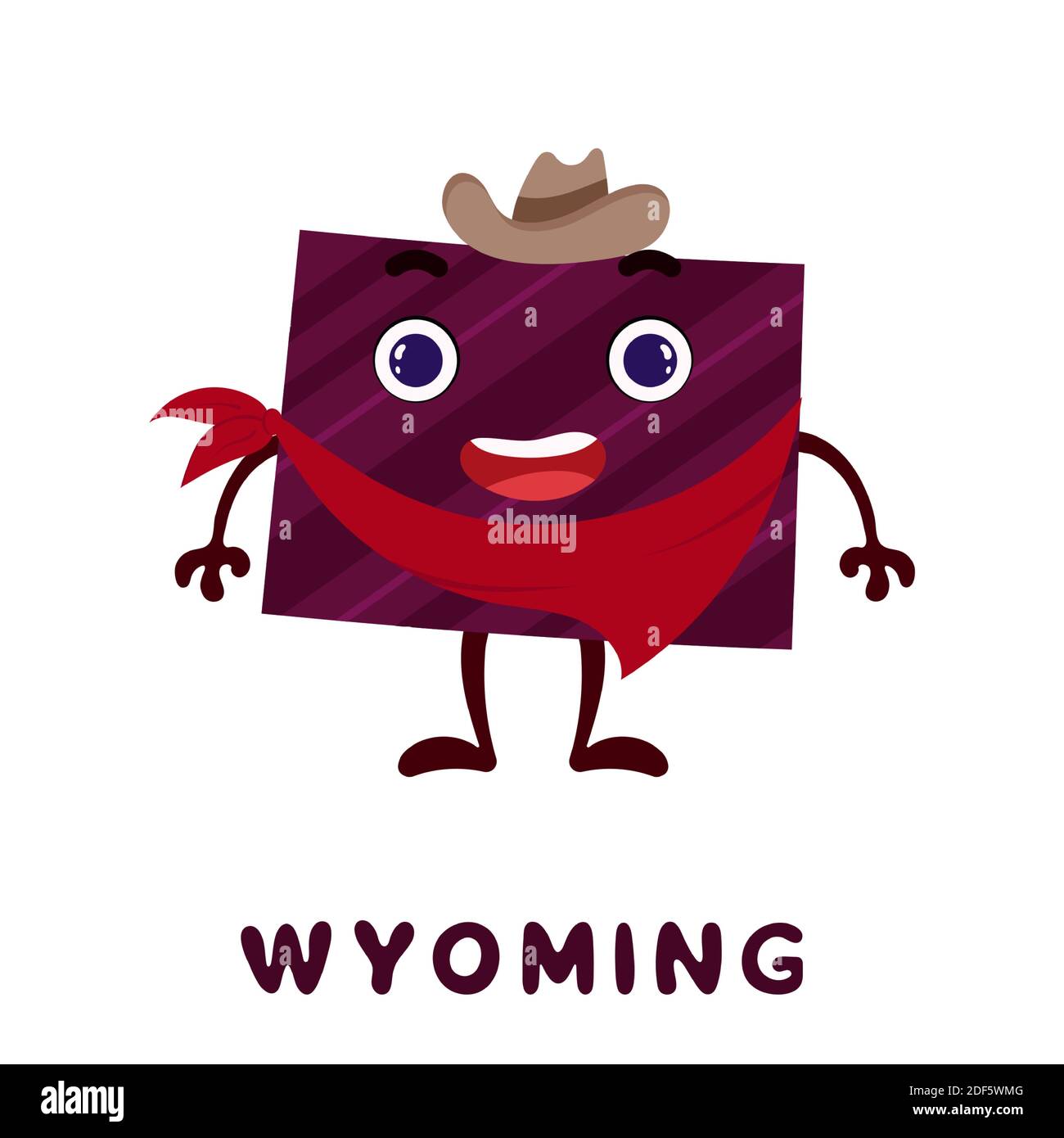Carino cartoon Wyoming stato carattere clipart. Mappa illustrata dello stato del Wyoming degli Stati Uniti con il nome dello stato. Disegno divertente del carattere per il gioco dei bambini, sticke Illustrazione Vettoriale