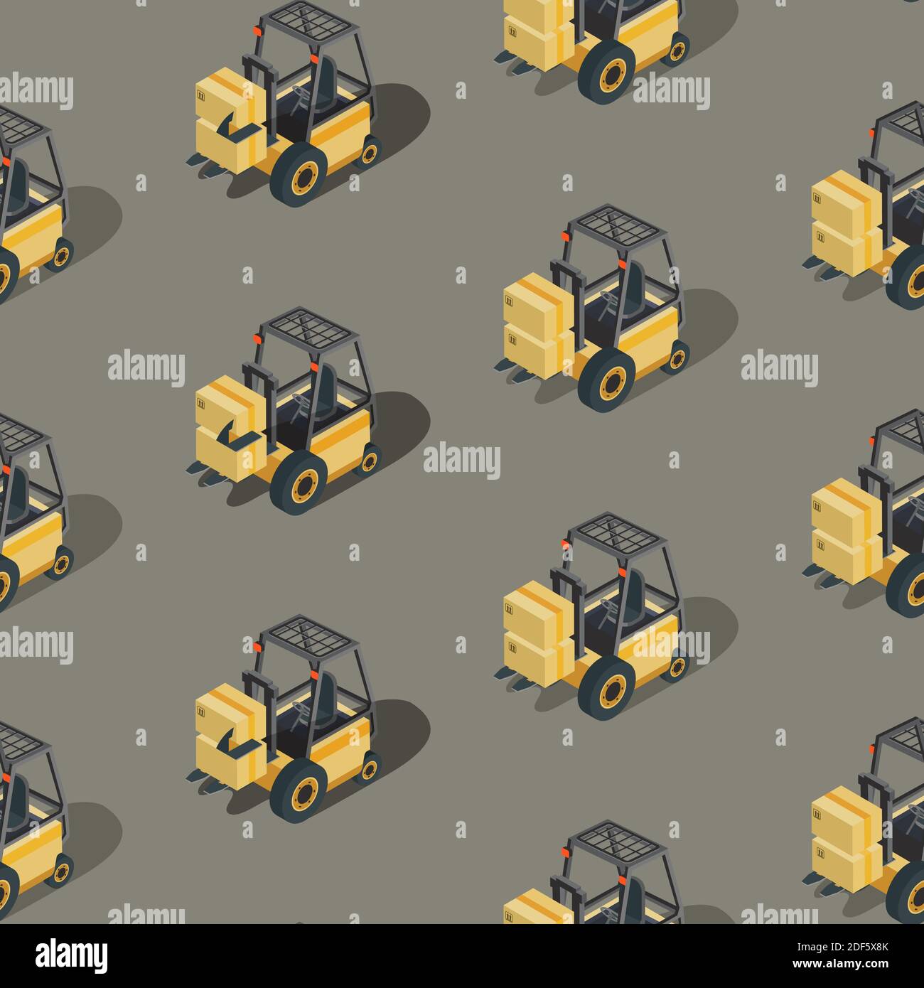 Schema isometrico vettoriale senza cuciture dei carrelli elevatori da magazzino. Illustrazione Vettoriale