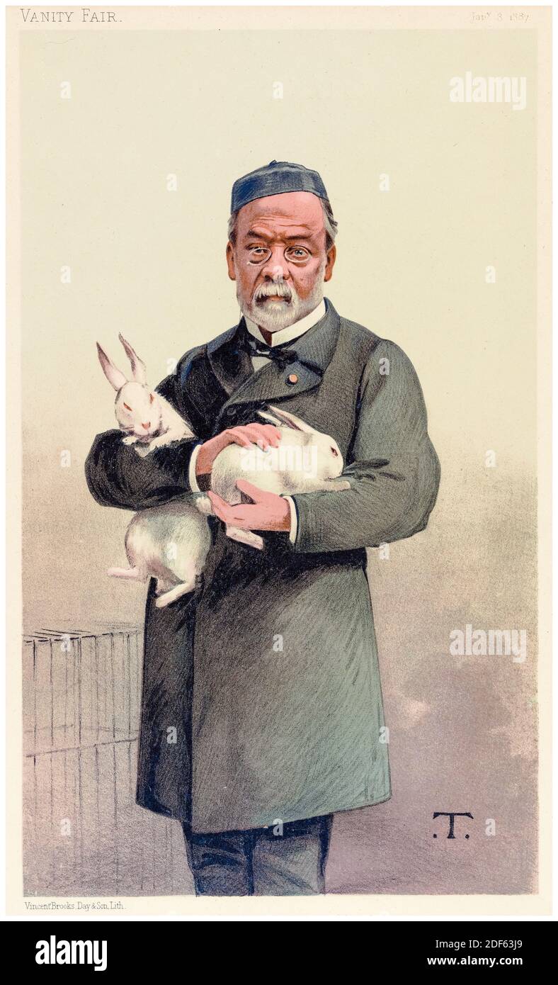 "Hydrophobia": Chimico francese Louis Pasteur (1822-1895), che tiene due conigli bianchi, caricatura di Theobold Chartran, 1887 Foto Stock