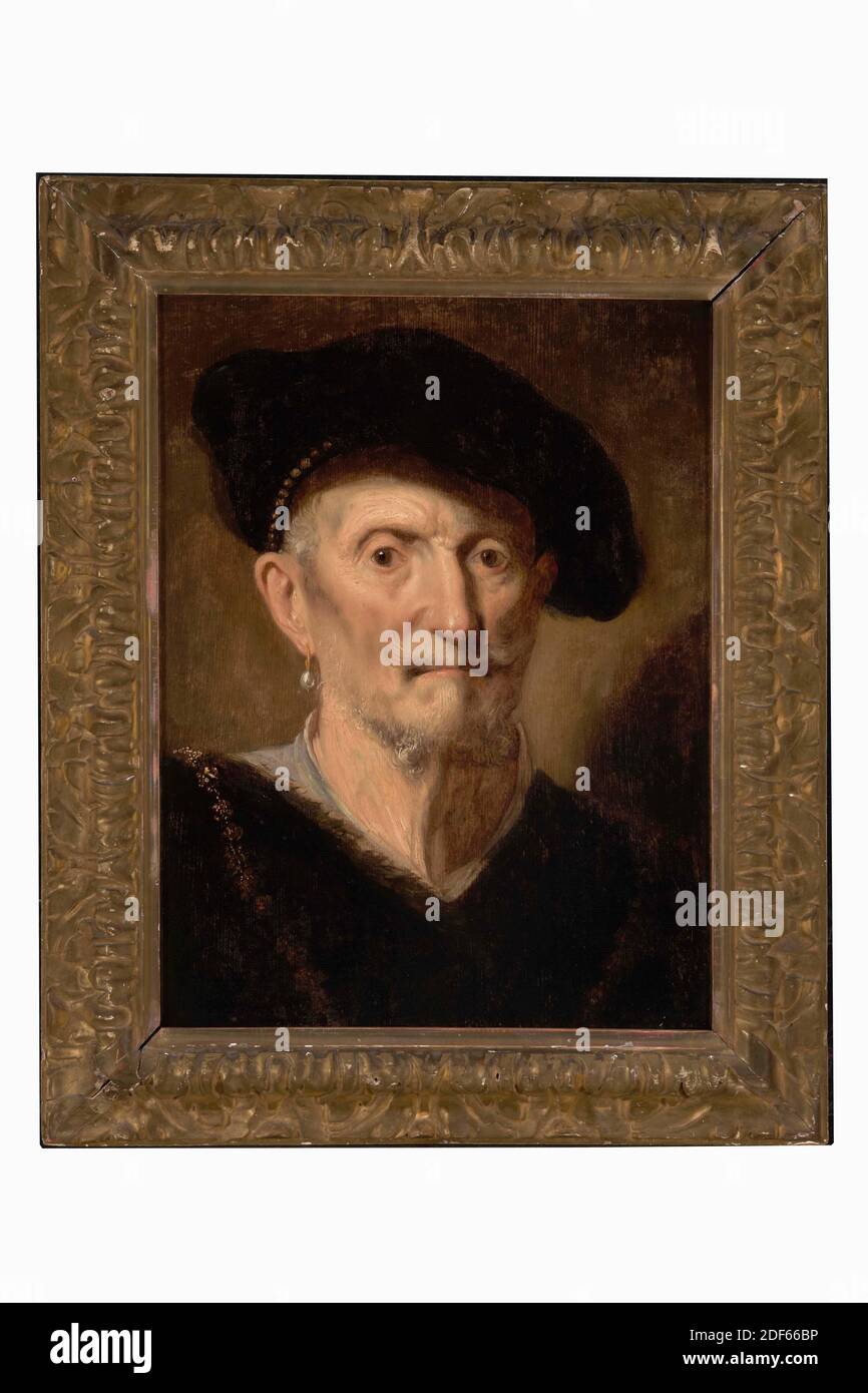 Pittura, Jacques des Rousseaux, prima metà 17 ° secolo, pannello, dipinto ad olio, dipinto, Carrier: 48.8 × 36.9 × 0.7cm (488 × 369 × 7mm), con cornice: 60.5 × 49.3 × 3,5cm (605 × 493 × 35mm), ritratto dell'uomo, Ritratto di un vecchio. L'uomo è raffigurato come un busto, dritto di fronte e guardando lo spettatore. Indossa un beretto sulla sua testa calandante. È anche vestito con una giacca nera con una camicia grigia sotto. Indossa baffi e barba. Non firmato. Il dipinto è in una cornice di legno dorato. Sul retro del pannello si trova una scritta a mano del 18 ° secolo Rembrandt pinx, 1981 Foto Stock