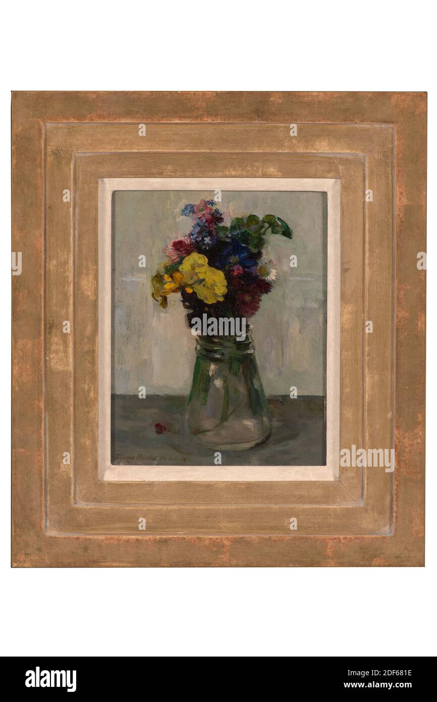 Pittura, Floris Verster, 18 Maggio 1919, Signature front, bottom left: Floris Verster 18 Maggio '19, pannello, dipinto ad olio, dipinto, Carrier: 20.3 × 16.3 × 2cm (203 × 163 × 20mm), con cornice: 33.8 × 28.3 × 1.8cm (338 × 283 × 18mm), natura morta, fiore, natura morta con fiori. In un vaso di vetro sono un certo numero di fiori di primavera. Predominano i colori giallo, blu e rosa. Il vaso è su uno sfondo scuro e viene raffigurato su uno sfondo chiaro. Firmato in basso a sinistra. Il dipinto è realizzato in una cornice in legno color oro con bordo interno verniciato bianco, 1957 Foto Stock