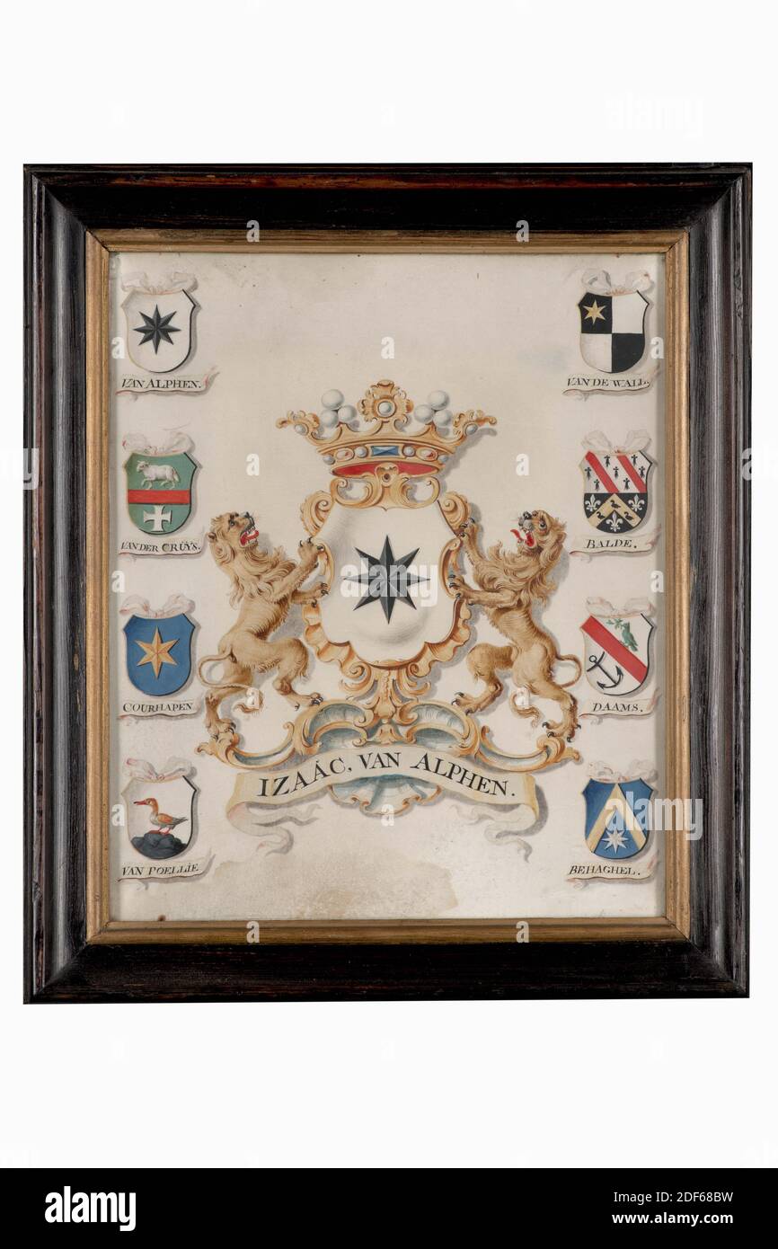 Anonimo, 18 ° secolo, pergamena, legno, vetro, Carrier: Circa 30.5 × 25cm (305 × 250mm), cresta di famiglia, colore disegno su pergamena con lo stemma di Izaac van Alphen, marito di Catharina Marie de Ruever. L'arma ha una stella a otto punte. Sopra l'arma c'è una corona e si arriccia intorno all'arma. Sotto lo stemma di una band c'è Izaac van Alphen. Intorno allo stemma si trovano otto quarti d'armi: A sinistra le braccia di Van Alphen, Van der Cruys, Courhagen e Van Poellien e a destra le braccia di Van der Wall, Balde, Daams e Behaghel. L'arma è in una cornice di legno verniciato nero Foto Stock
