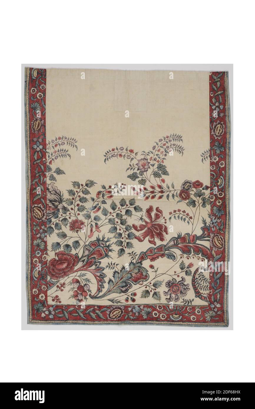 Cradle cloth, Anonimo, ultimo quarto del 18 ° secolo, Generale: 47 x 59cm (470 x 590mm), fiore, Sitsen culla tessuto cucito a mano. Il pezzo centrale è stampato con un grande motivo floreale su uno sfondo bianco, verso l'alto in bianco pieno. Un piccolo cerotto bianco è stato posto in alto al centro. I lati e il fondo sono rifiniti con un'ampia fascia con un motivo di tendine floreali su sfondo rosso. Sull'esterno un bordo blu frangiato, 1887 Foto Stock