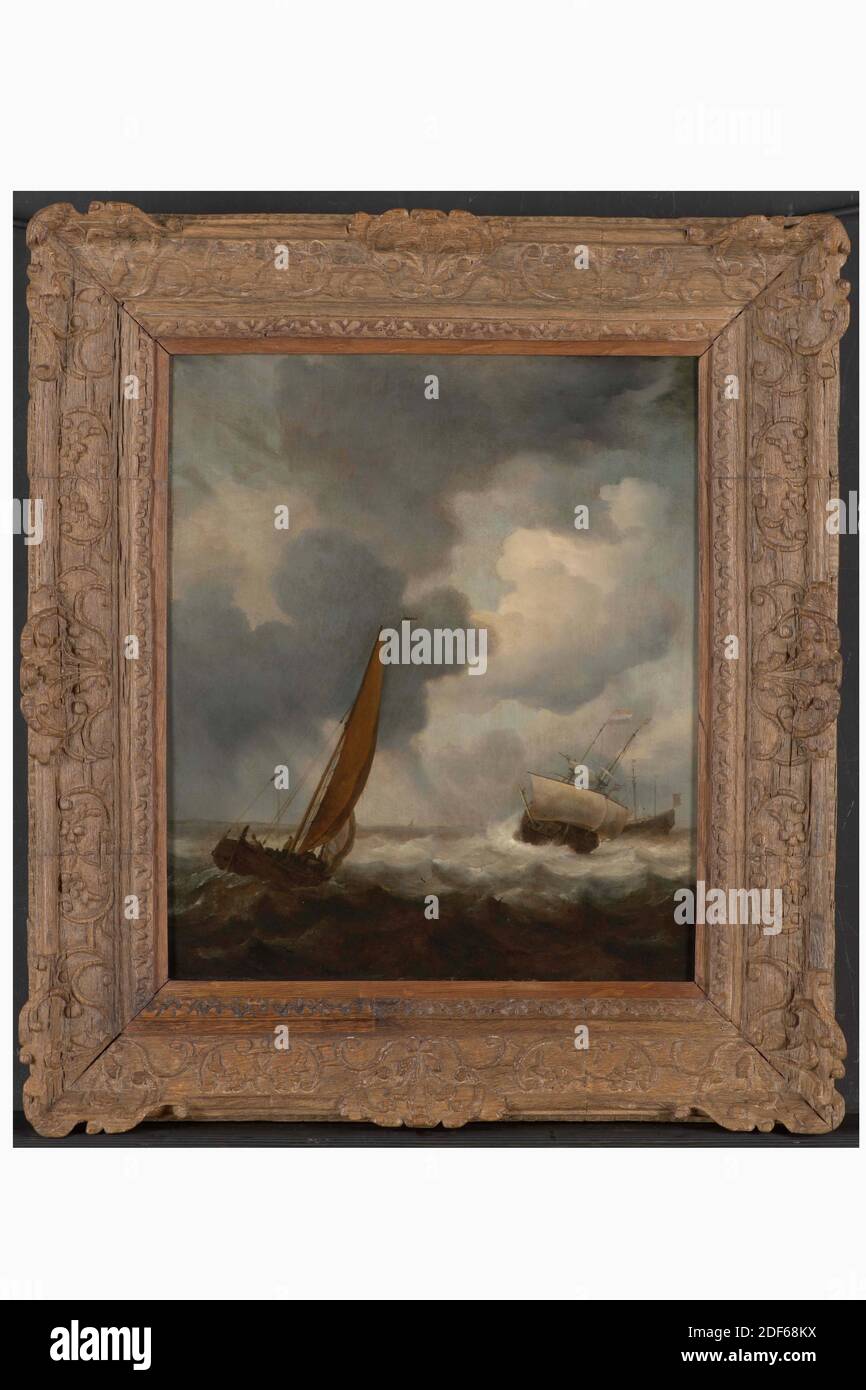 Pittura, Willem van de Velde il giovane, c.. 1650-1655, fronte Signature, sul banner della nave anteriore: W V. [non chiaro], pannello, vernice ad olio, verniciata, vettore: 48.3 × 41.2 × 0.4cm (483 × 412 × 4mm), con telaio: 70 × 61.5 × 7cm (700 × 615 × 70mm), Seafape, nave a vela, Seafape con navi a vela. Sotto un cielo alto con nuvole bianche e scure che si radunano, un singolo maestro con vele brune alte veleggia diagonalmente da sinistra verso altre due navi, che sono sul secondo piano da destra, il primo dei quali è un due-master, vele in direzioni opposte sulle onde oblique con parzialmente Foto Stock