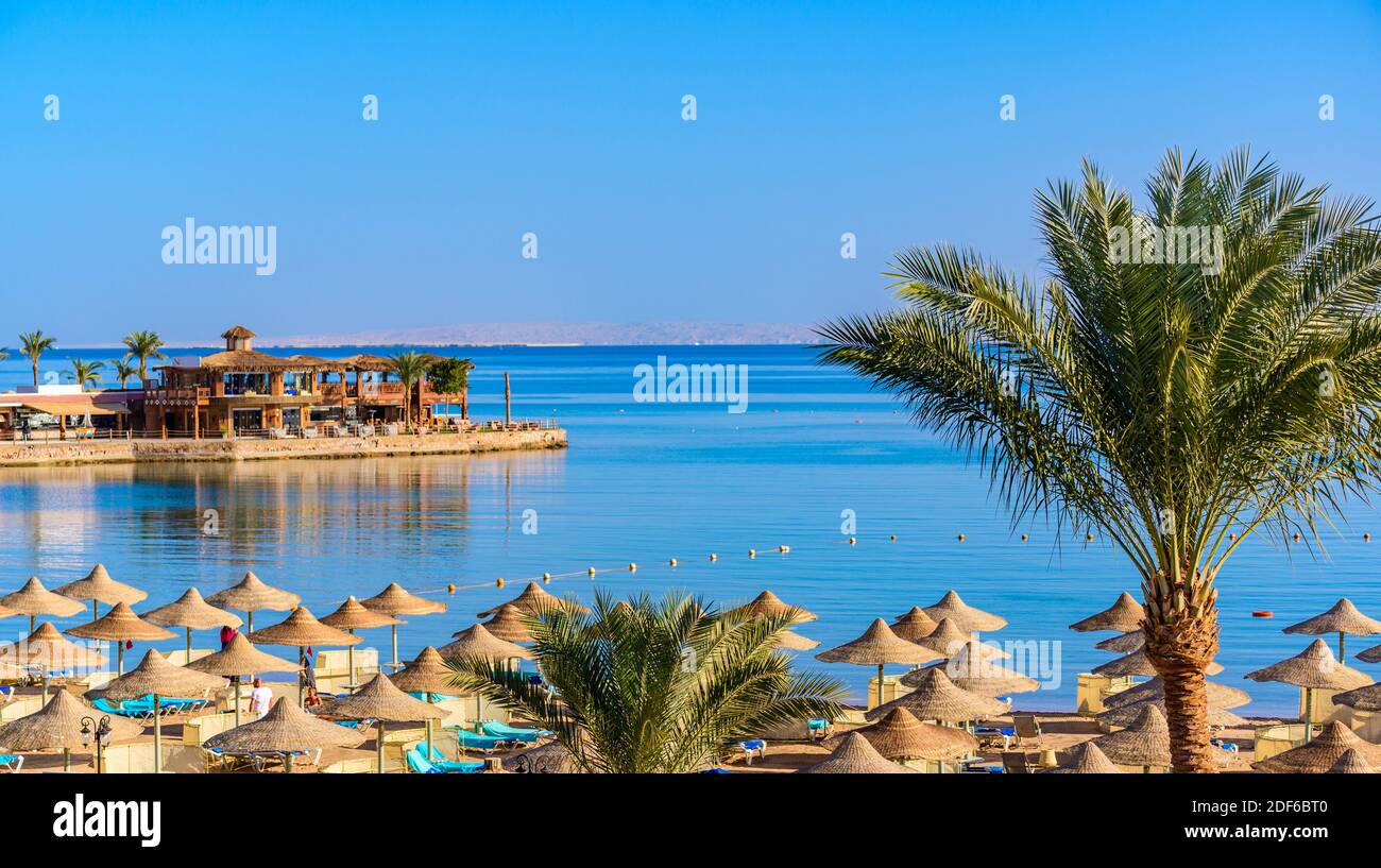 Relax in paradiso spiaggia - Chaise lounge e ombrelloni - destinazione di viaggio Hurghada, Egitto Foto Stock